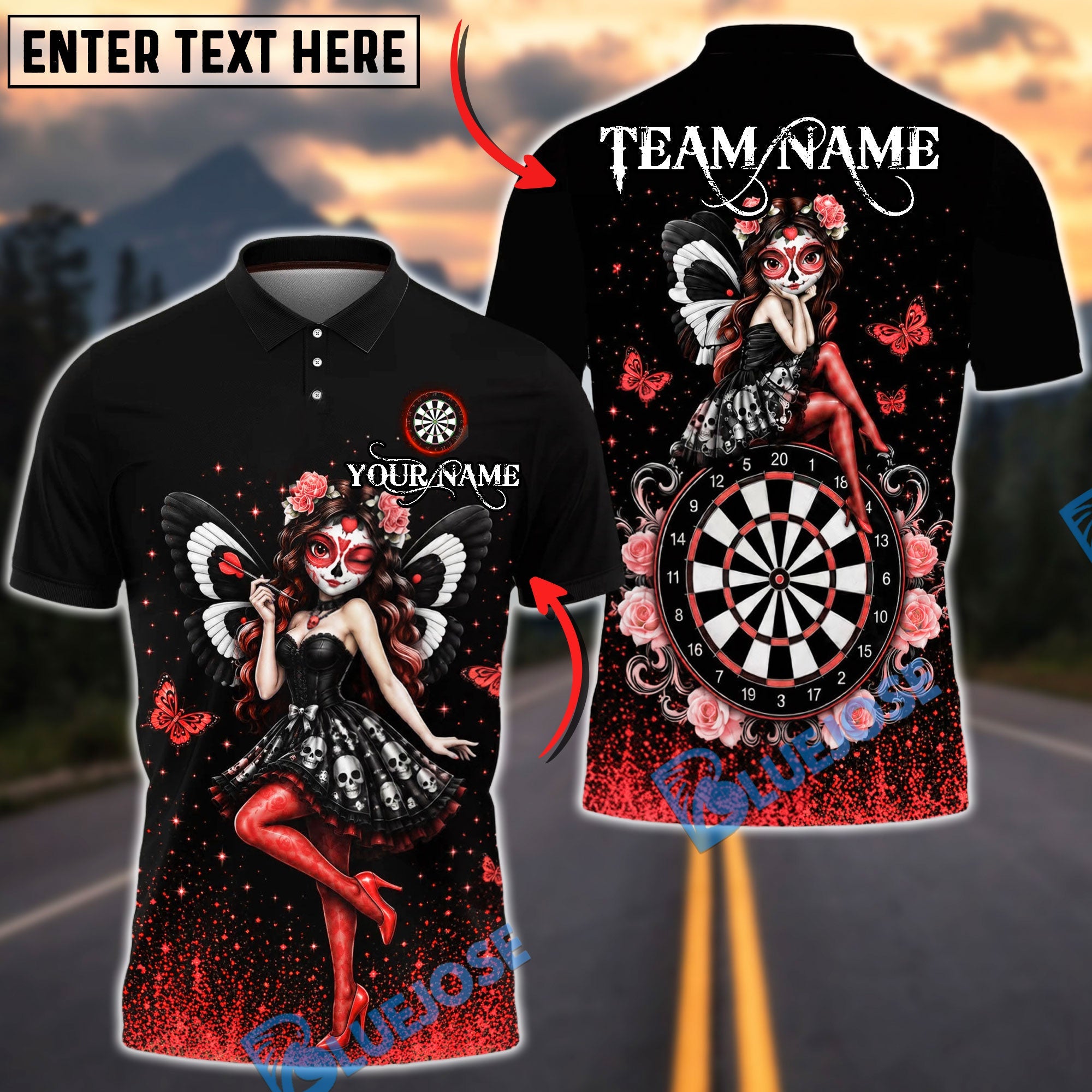 BlueJose Darts Enchanting Gothic Skull Fairy Glitter Style Personalized Name, Team Name Unisex Shirt (4 Colors)
