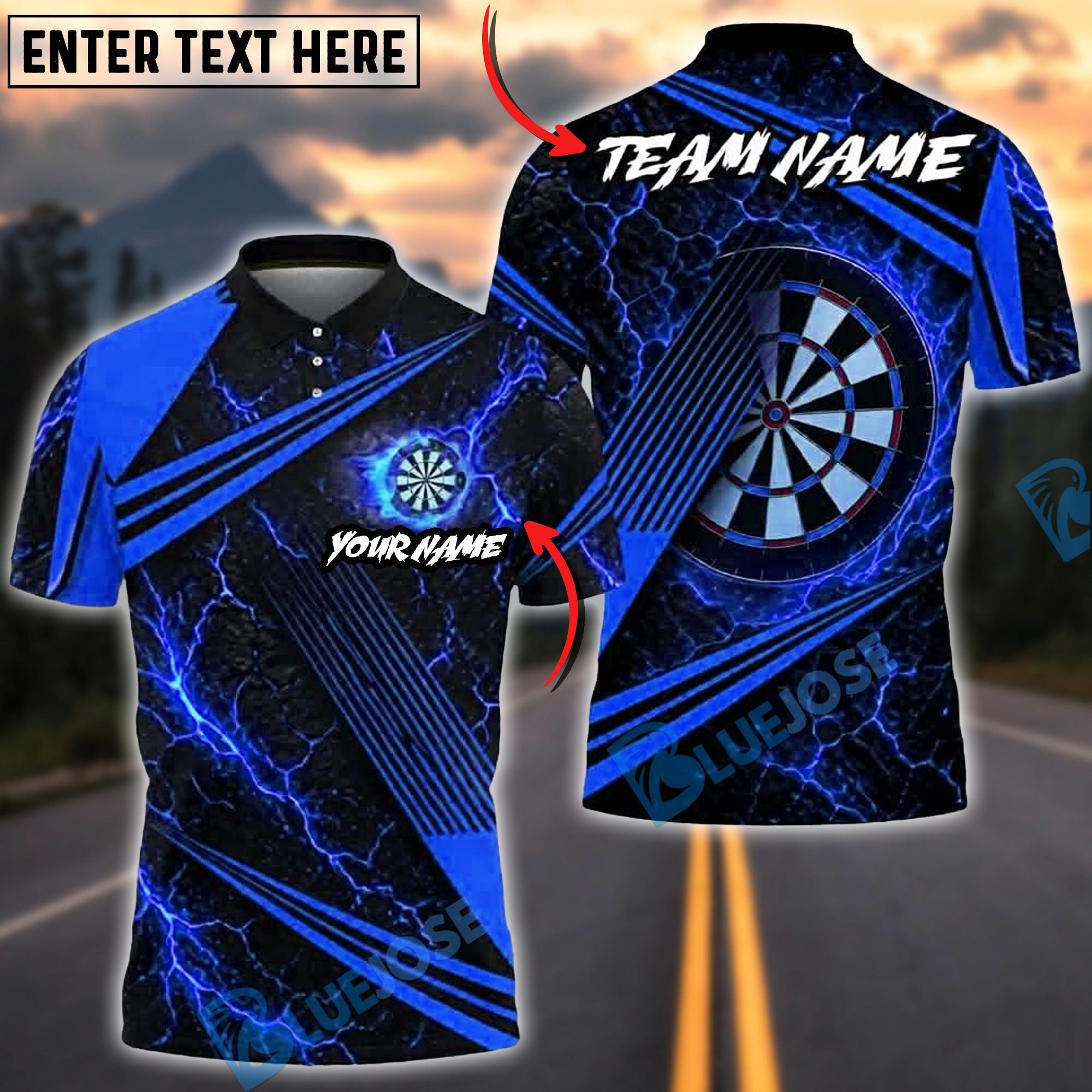 BlueJose Darts Fiery Lava Strike Personalized Name, Team Name Unisex Shirt (4 Colors)