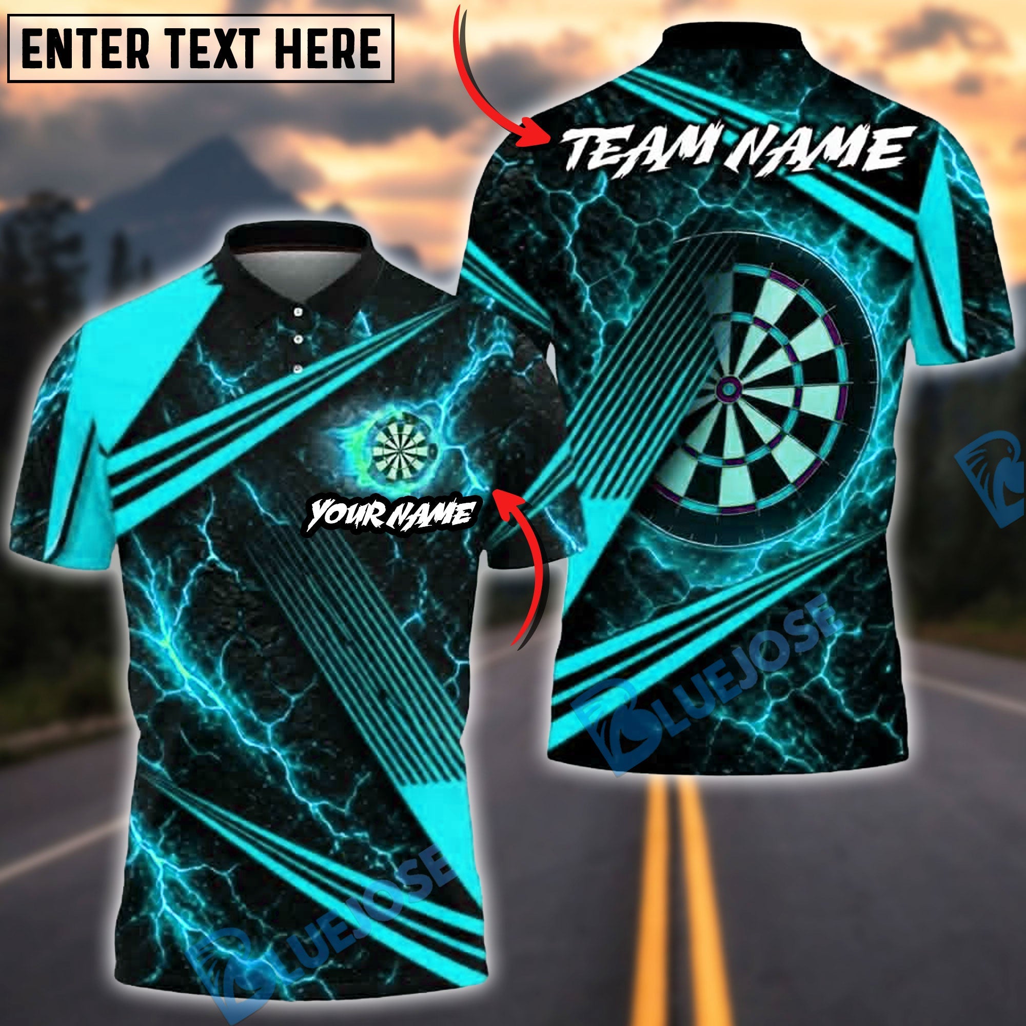 BlueJose Darts Fiery Lava Strike Personalized Name, Team Name Unisex Shirt (4 Colors)