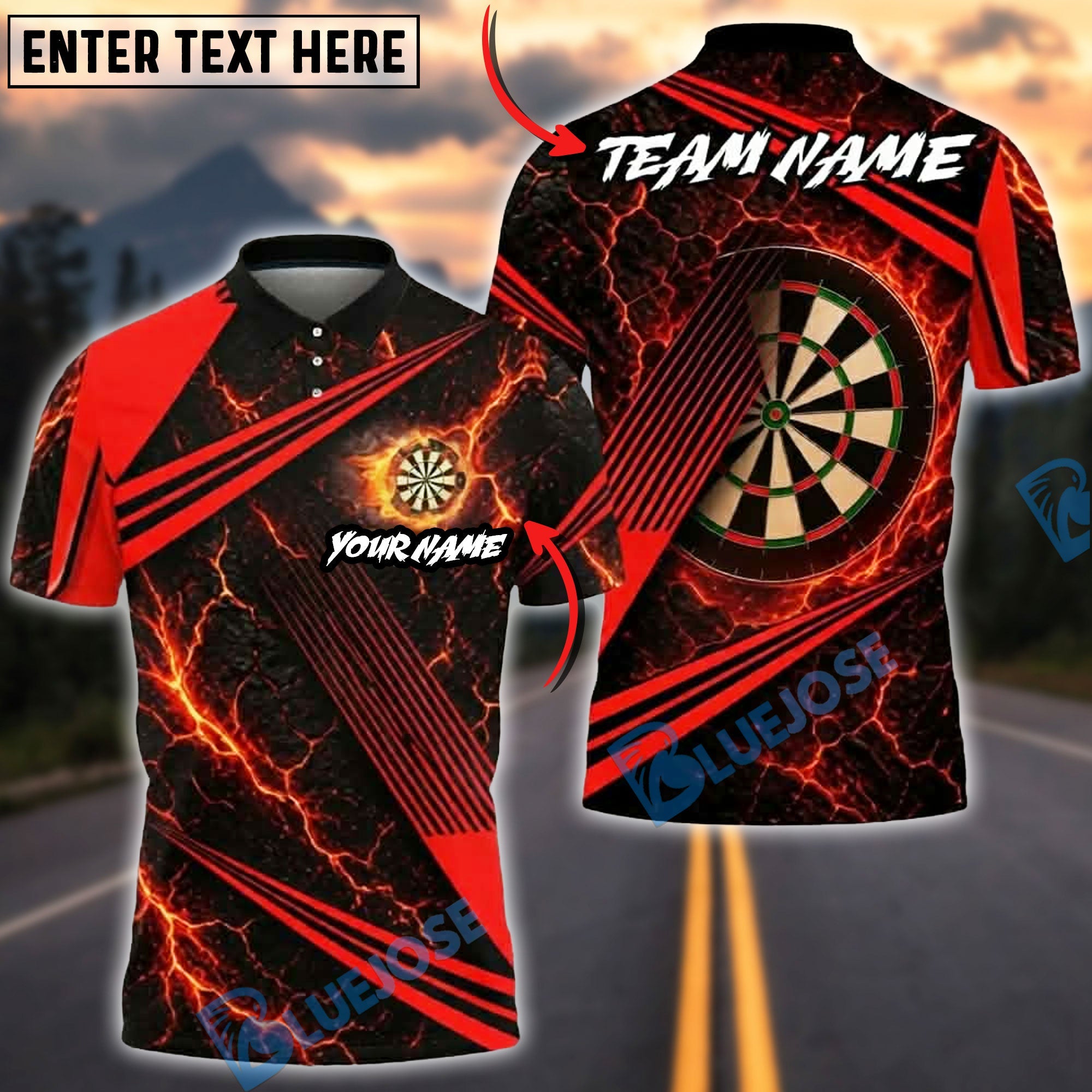 BlueJose Darts Fiery Lava Strike Personalized Name, Team Name Unisex Shirt (4 Colors)
