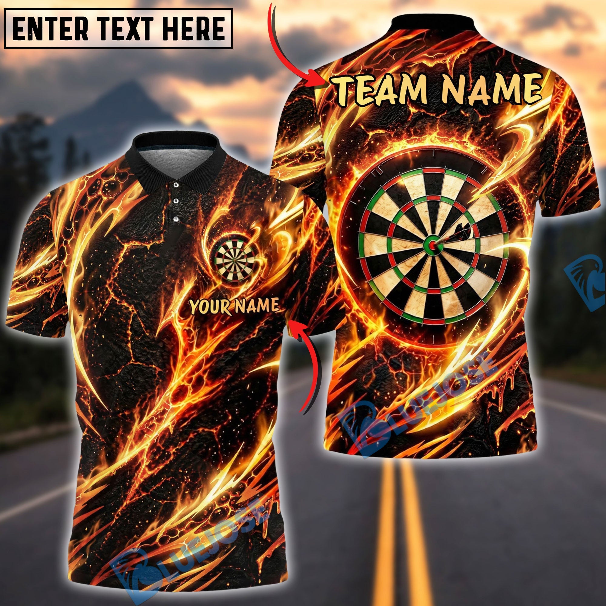 BlueJose Darts Blazing Firestorm Cool Bullseye Personalized Name, Team Name Unisex Shirt (4 Colors)