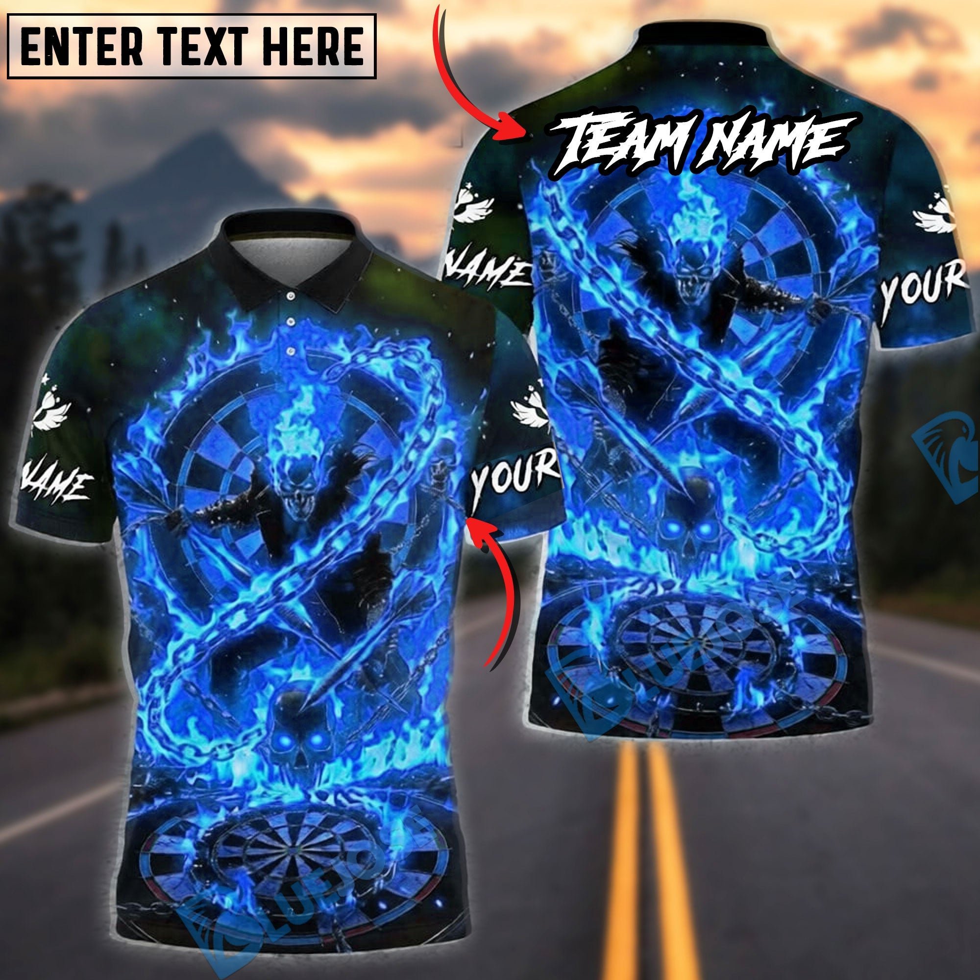 BlueJose Darts Skull Ghost Rider Inferno Flame Personalized Name, Team Name Unisex Shirt (4 Colors)