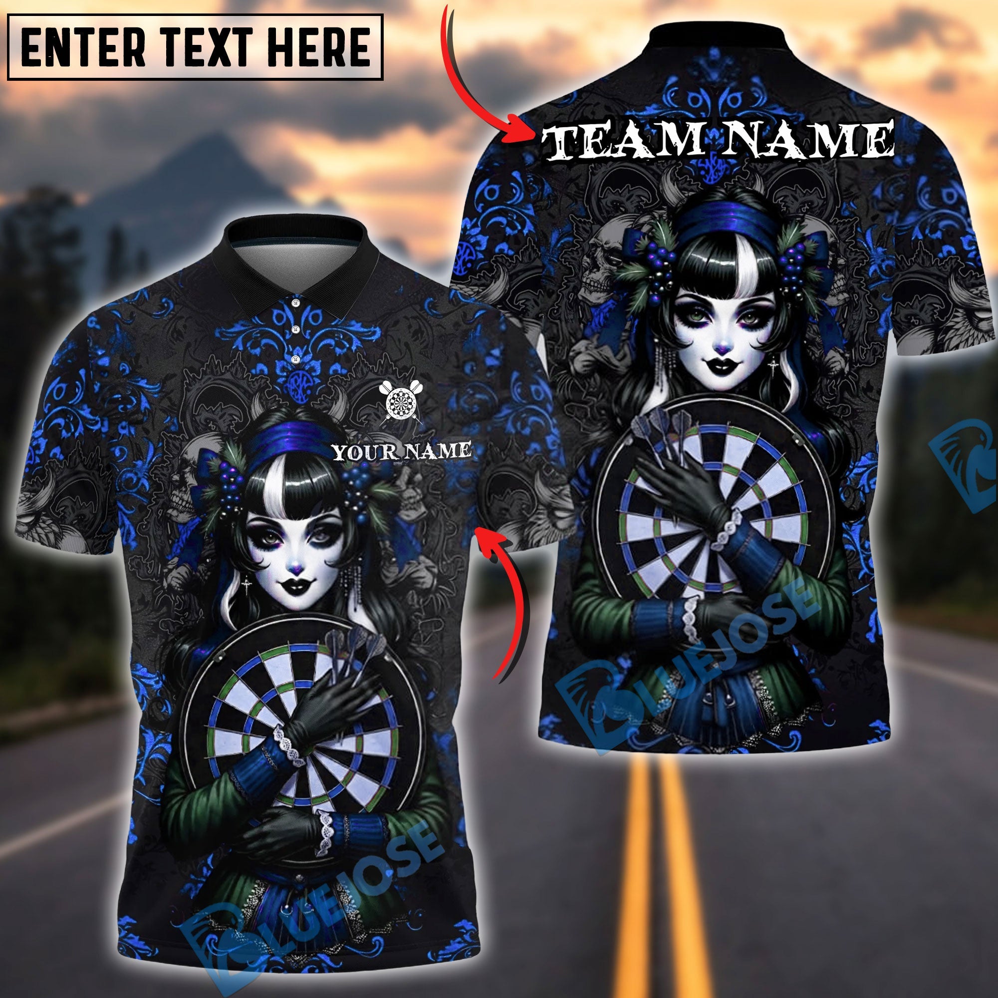 BlueJose Darts Cool Gothic Doll Dark Fantasy Personalized Name, Team Name Unisex Shirt (4 Colors)
