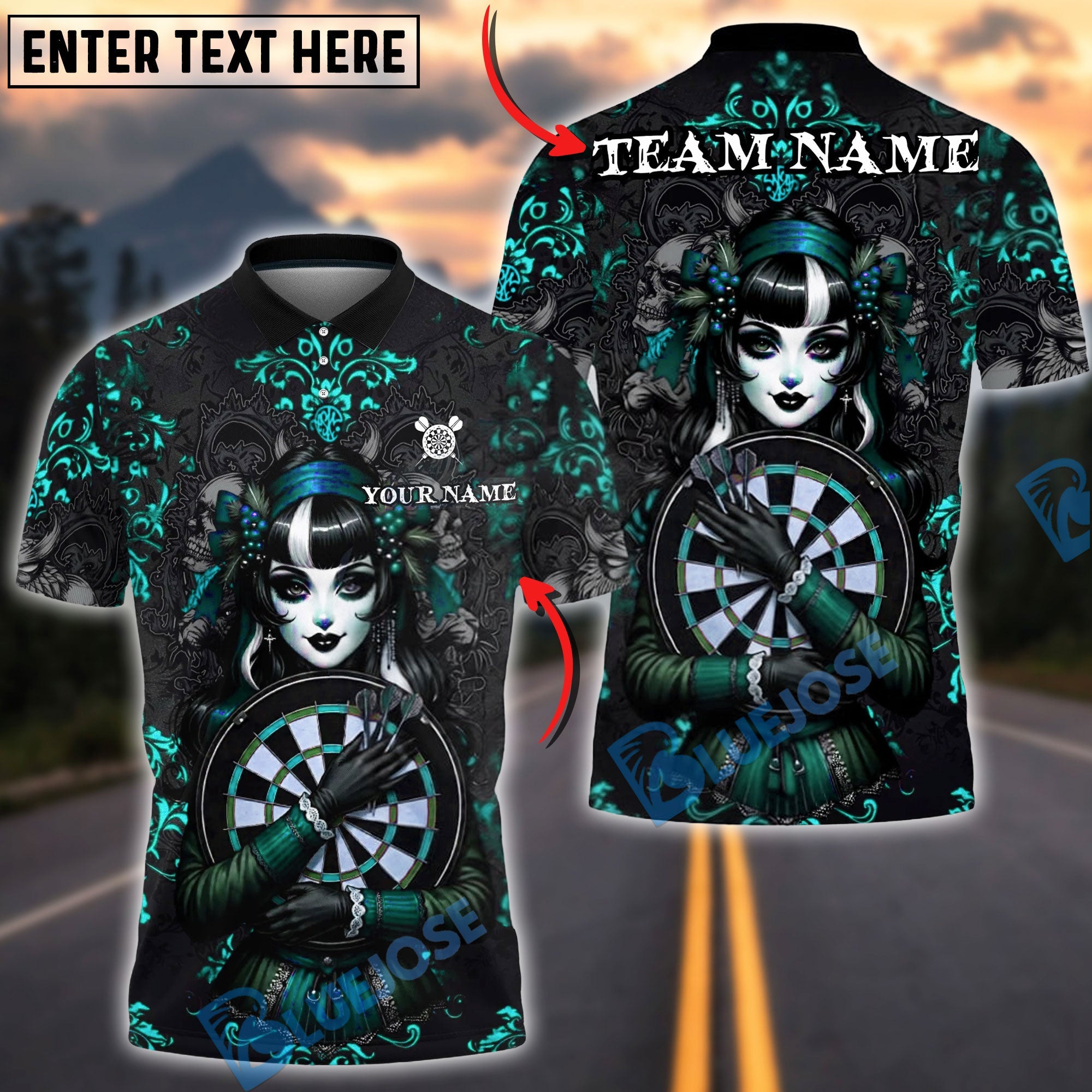 BlueJose Darts Cool Gothic Doll Dark Fantasy Personalized Name, Team Name Unisex Shirt (4 Colors)