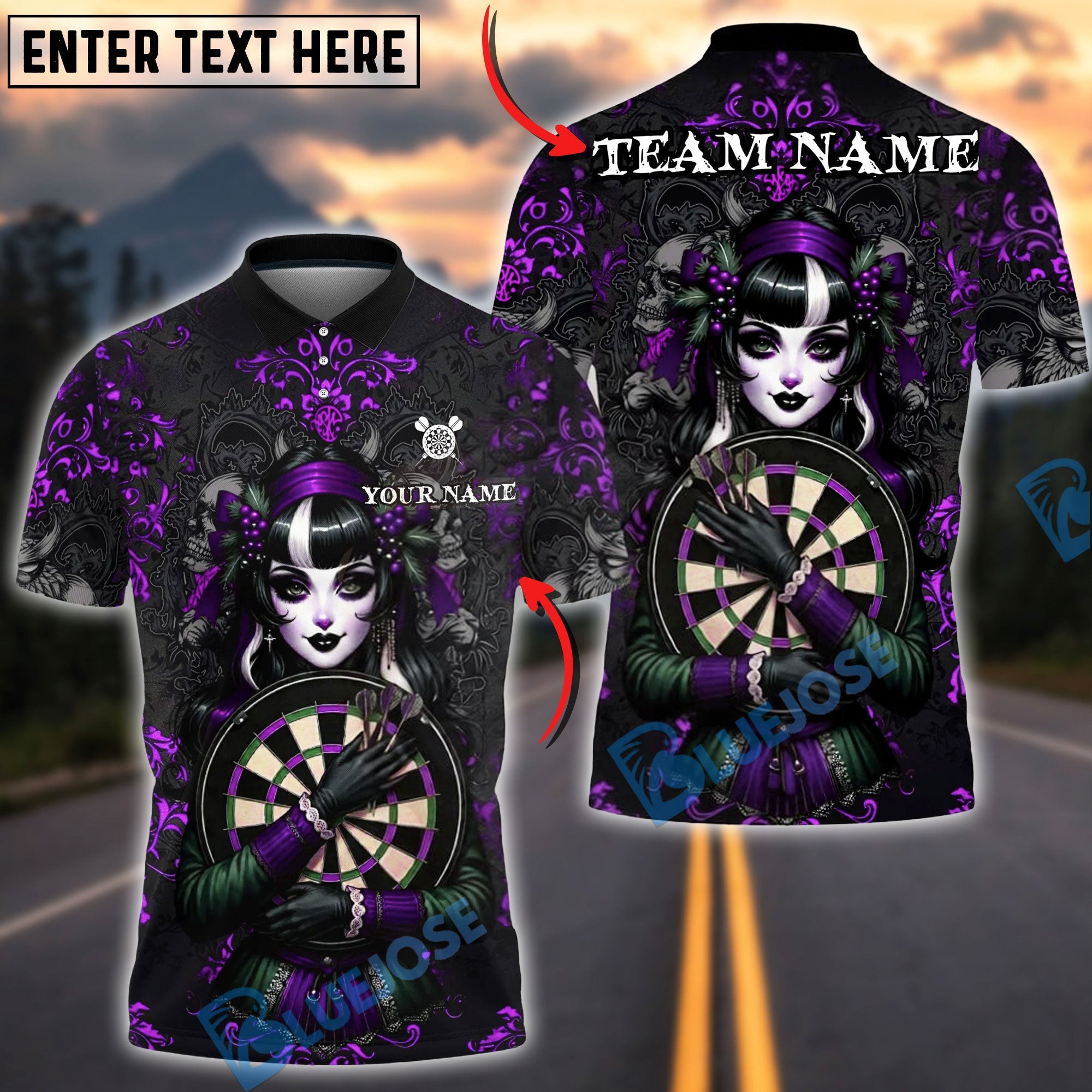 BlueJose Darts Cool Gothic Doll Dark Fantasy Personalized Name, Team Name Unisex Shirt (4 Colors)