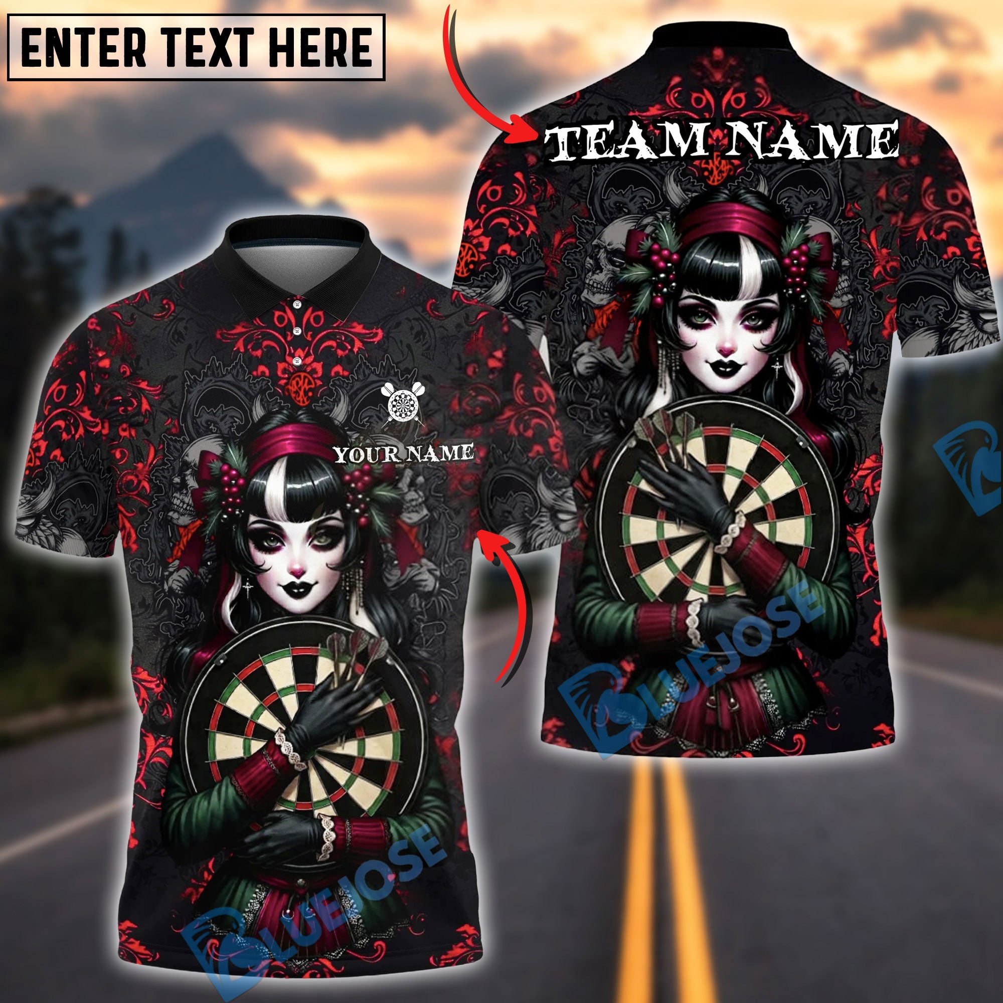 BlueJose Darts Cool Gothic Doll Dark Fantasy Personalized Name, Team Name Unisex Shirt (4 Colors)