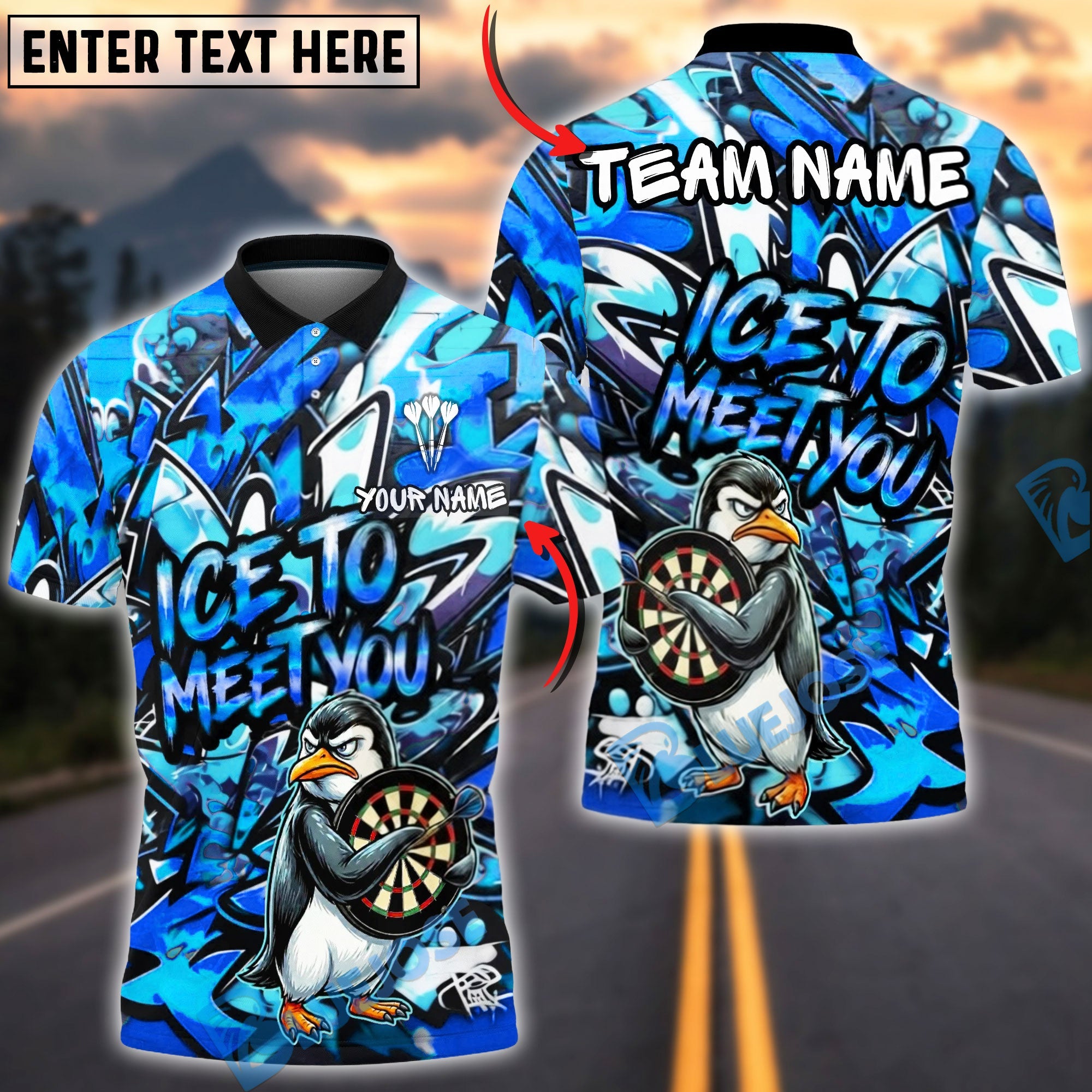 BlueJose Darts Angry Ice To Meet You Funny Penguin Personalized Name, Team Name Unisex Shirt (4 Colors)