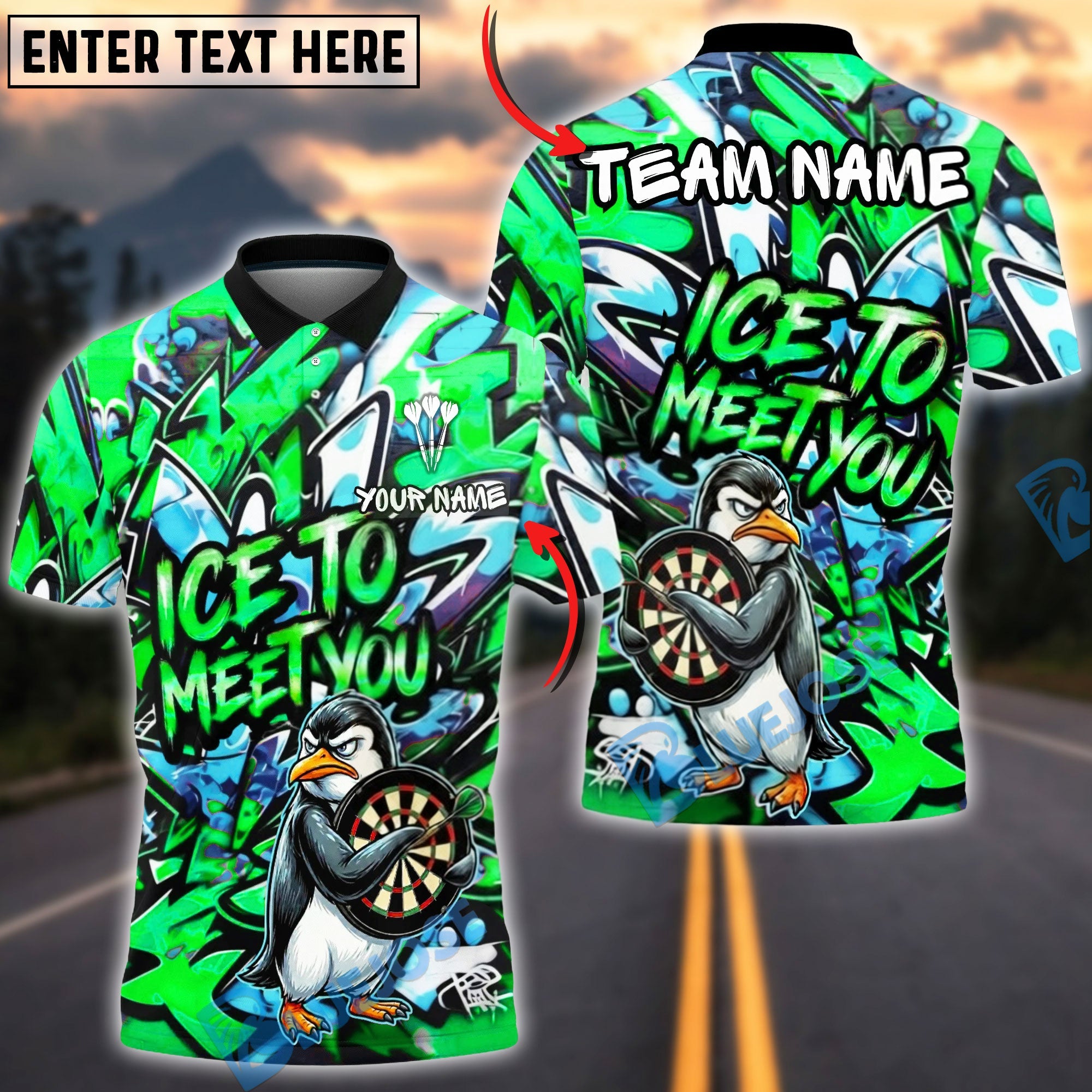 BlueJose Darts Angry Ice To Meet You Funny Penguin Personalized Name, Team Name Unisex Shirt (4 Colors)