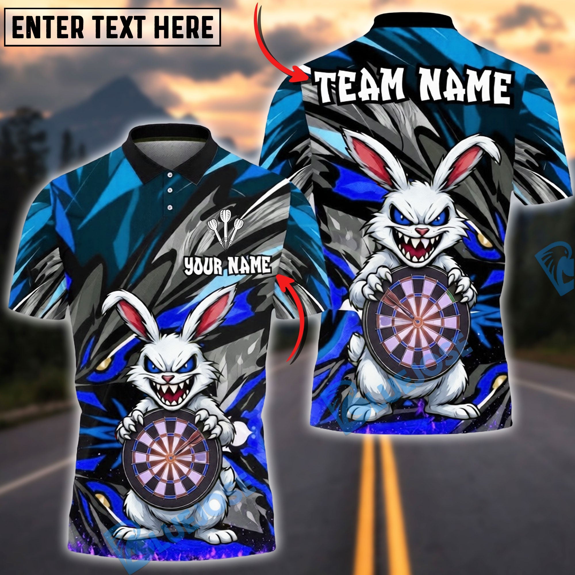 BlueJose Darts Evil Bunny Madness Personalized Name, Team Name Unisex Shirt (4 Colors)
