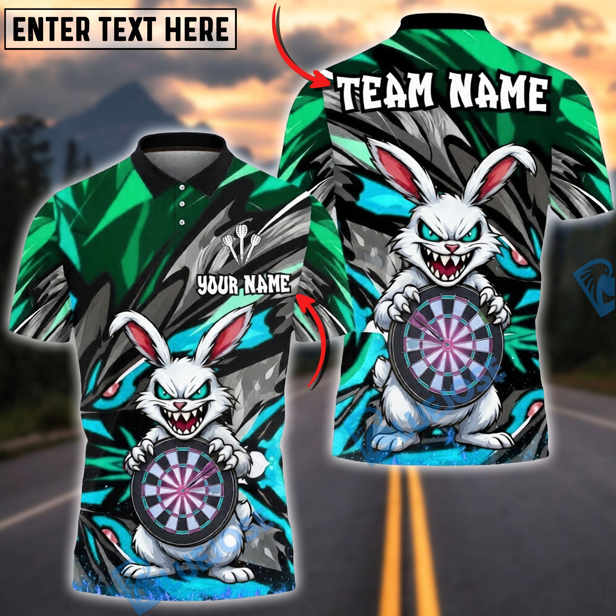 BlueJose Darts Evil Bunny Madness Personalized Name, Team Name Unisex Shirt (4 Colors)