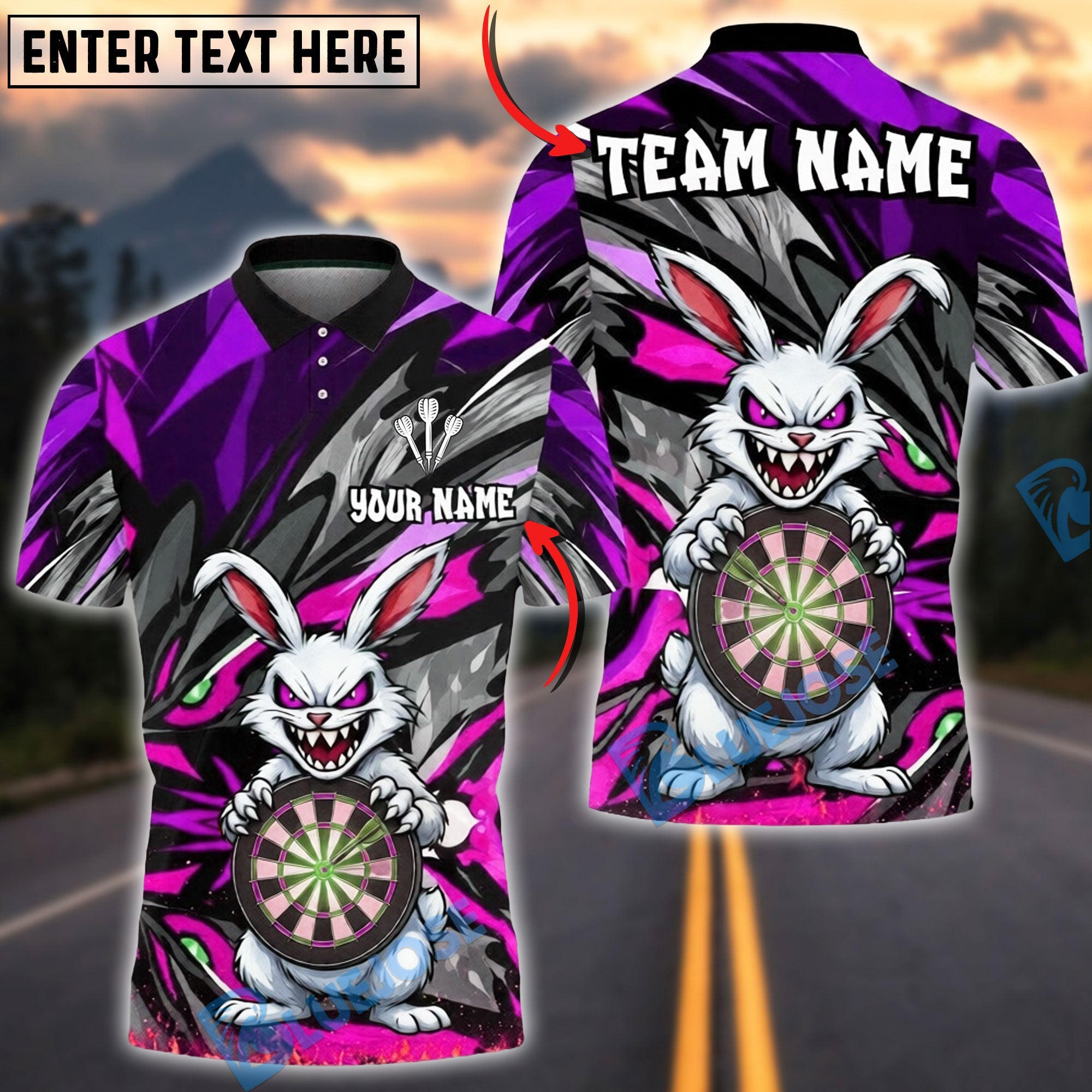 BlueJose Darts Evil Bunny Madness Personalized Name, Team Name Unisex Shirt (4 Colors)