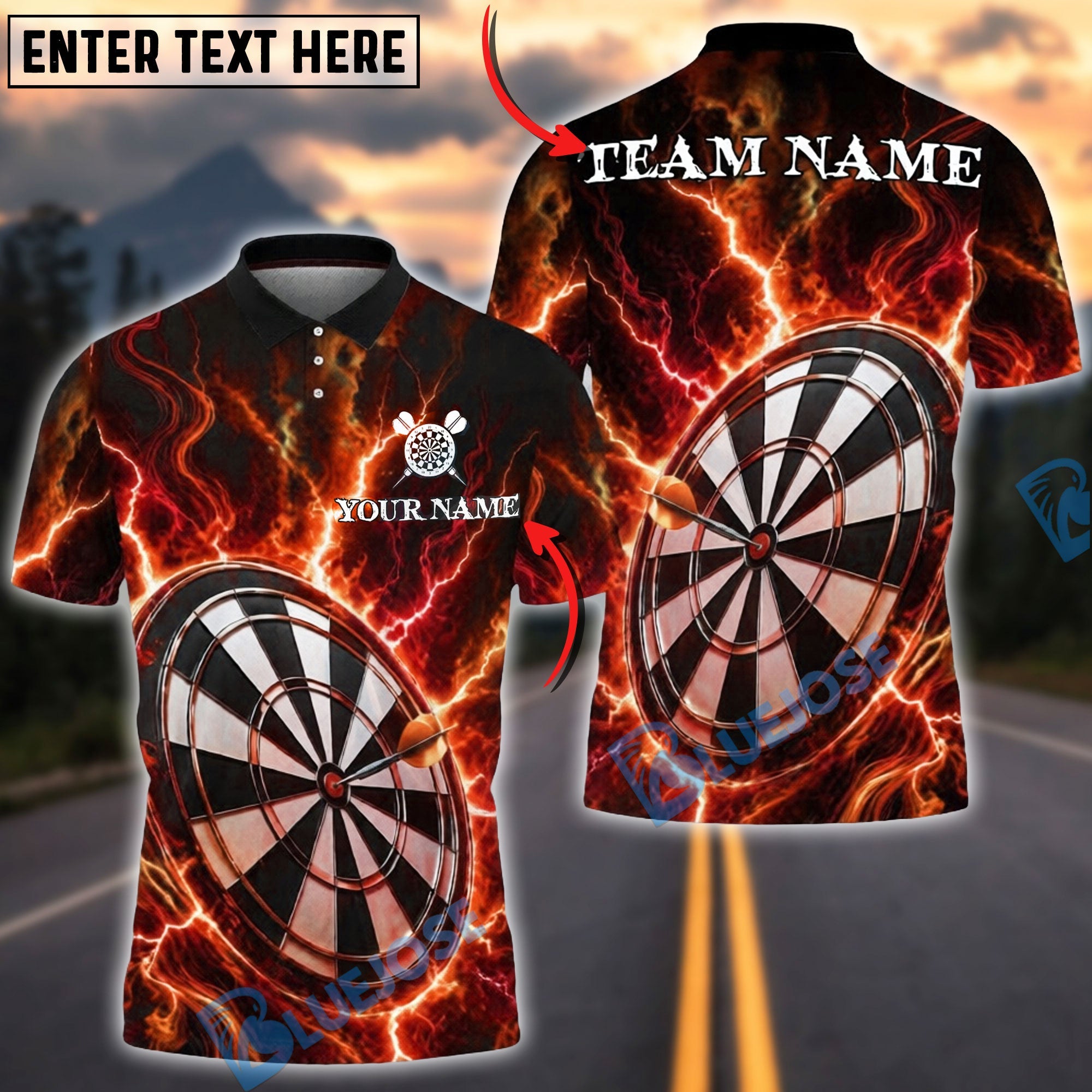 BlueJose Darts Electric Thunderstorm Personalized Name, Team Name Unisex Shirt (4 Colors)