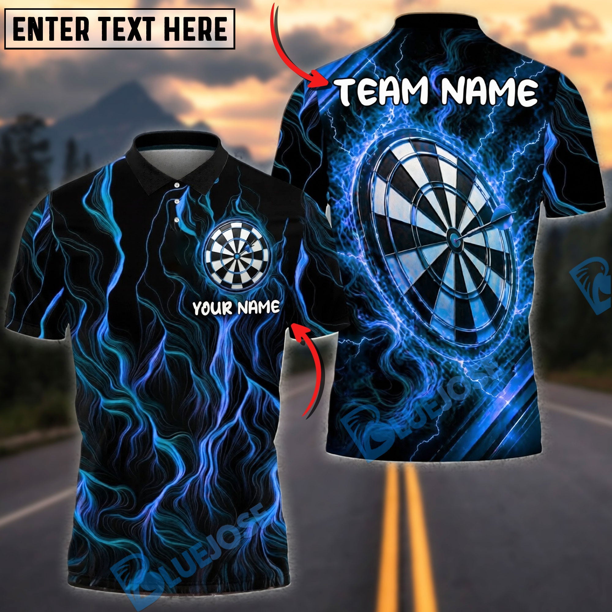 BlueJose Darts Neon Energy Lightning Swirl Personalized Name, Team Name Unisex Shirt (4 Colors)