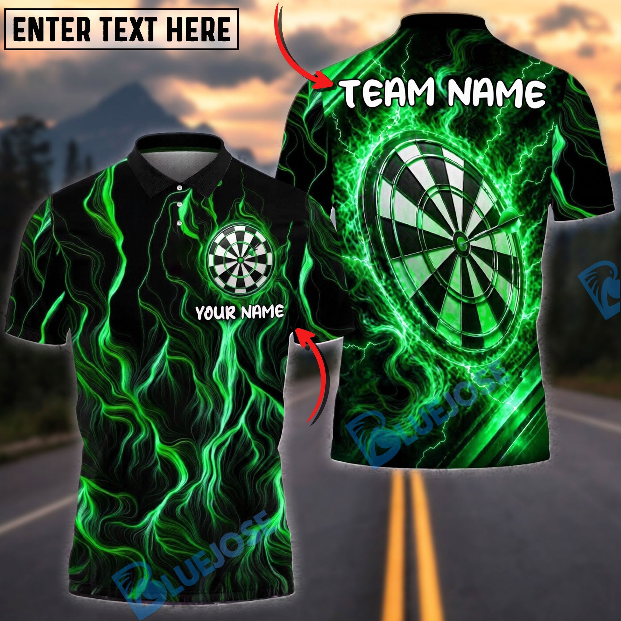 BlueJose Darts Neon Energy Lightning Swirl Personalized Name, Team Name Unisex Shirt (4 Colors)