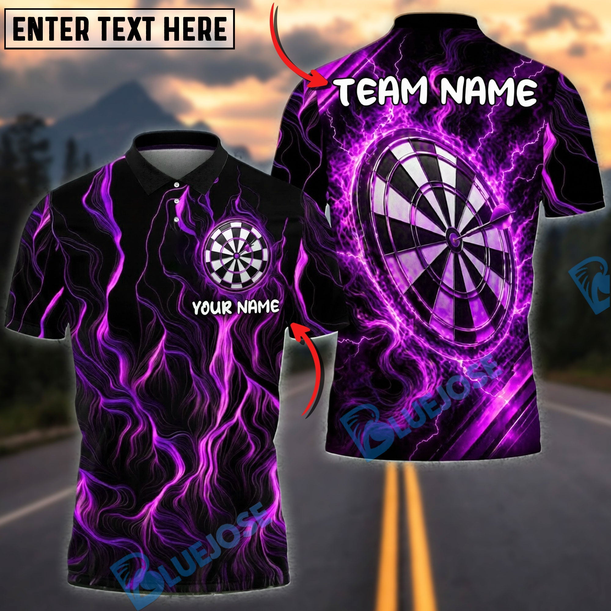 BlueJose Darts Neon Energy Lightning Swirl Personalized Name, Team Name Unisex Shirt (4 Colors)
