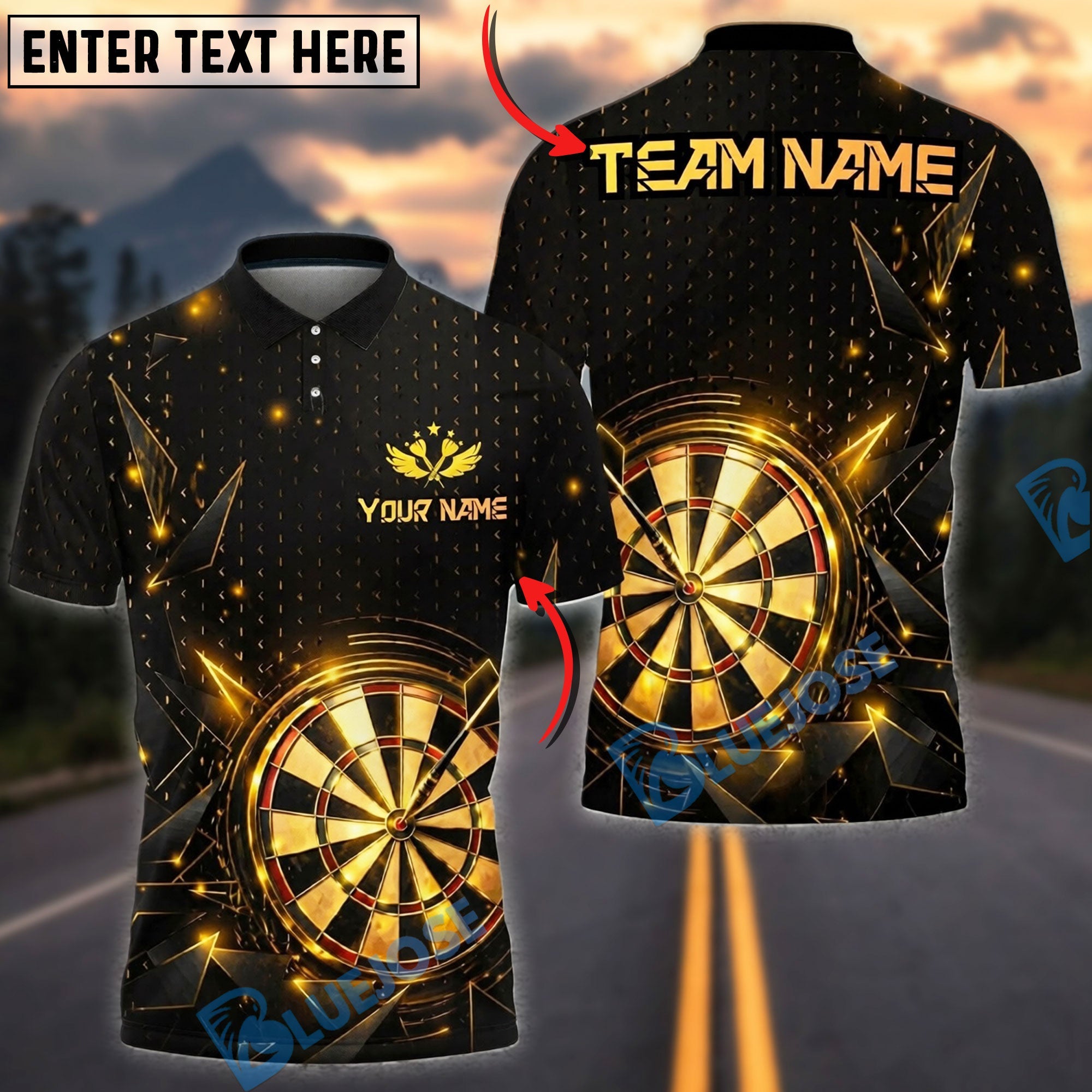 BlueJose Darts Golden Champion Prestige Personalized Name, Team Name Unisex Shirt (6 Colors)