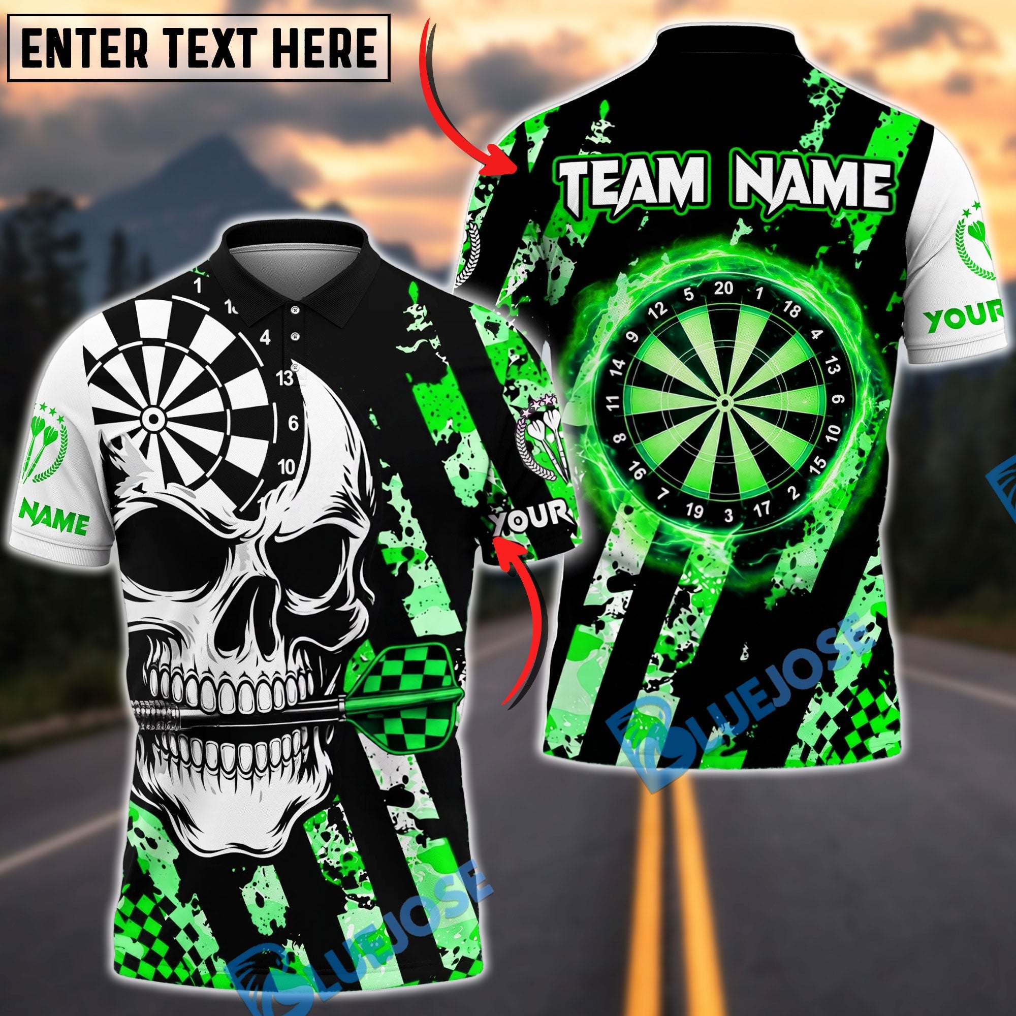 BlueJose Darts Fierce Skull Dartboard Striped Style Personalized Name, Team Name Unisex Shirt (4 Colors)
