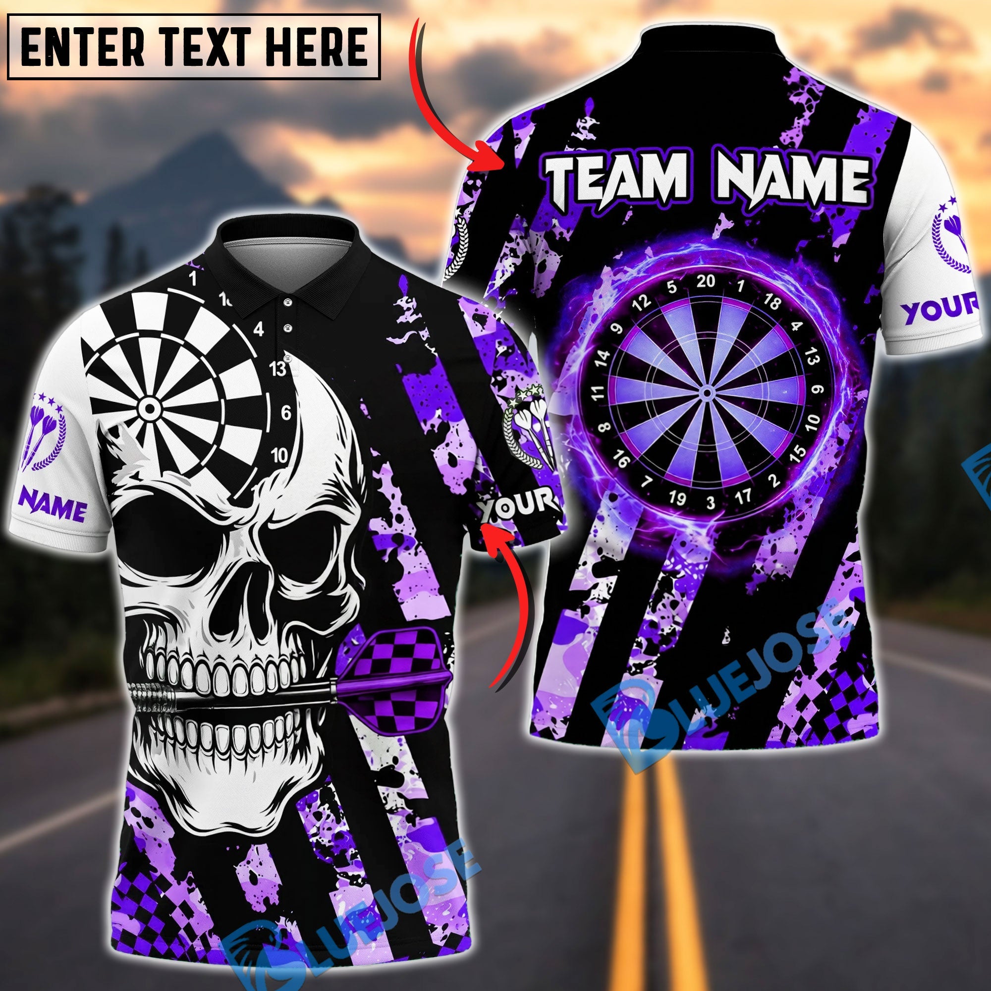 BlueJose Darts Fierce Skull Dartboard Striped Style Personalized Name, Team Name Unisex Shirt (4 Colors)