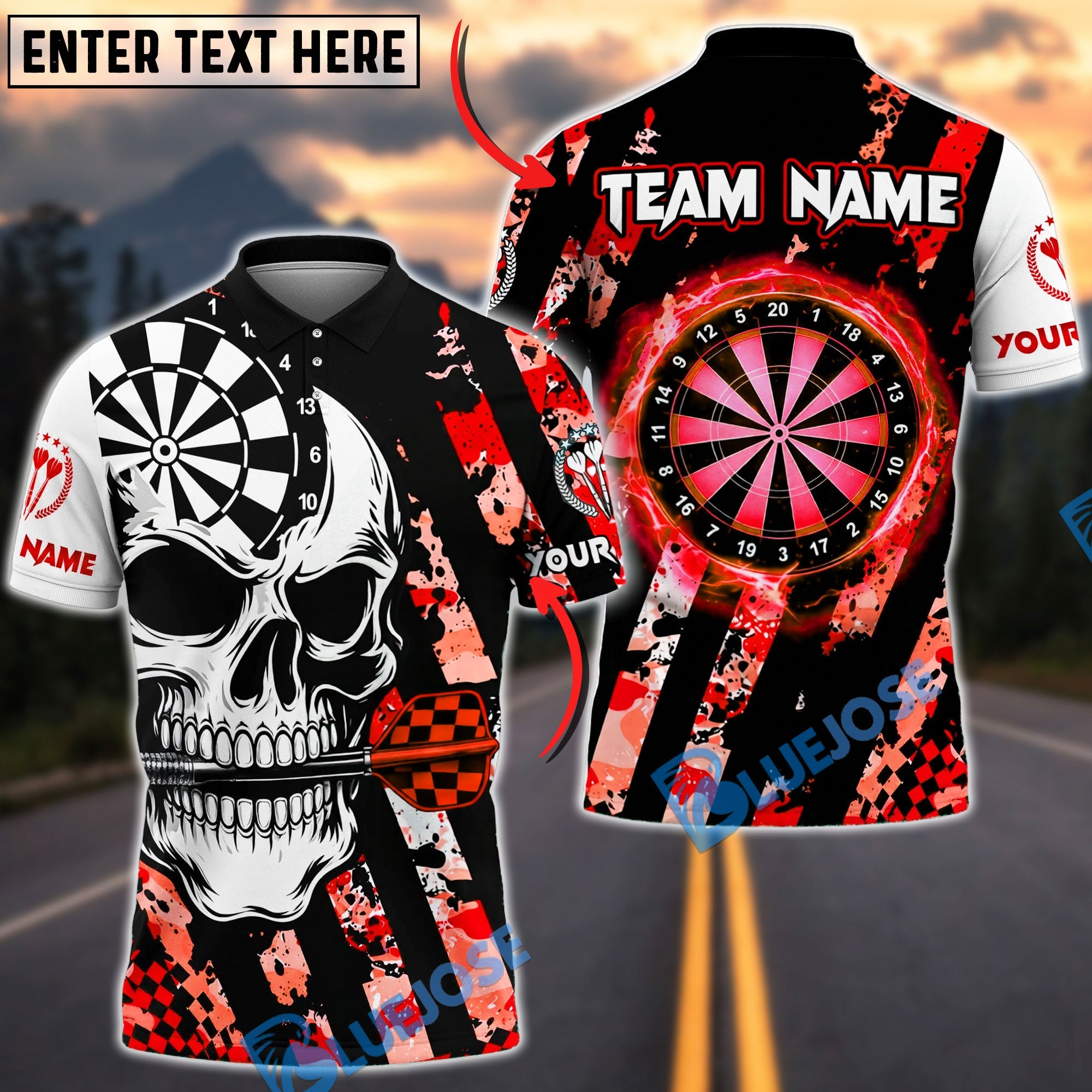 BlueJose Darts Fierce Skull Dartboard Striped Style Personalized Name, Team Name Unisex Shirt (4 Colors)