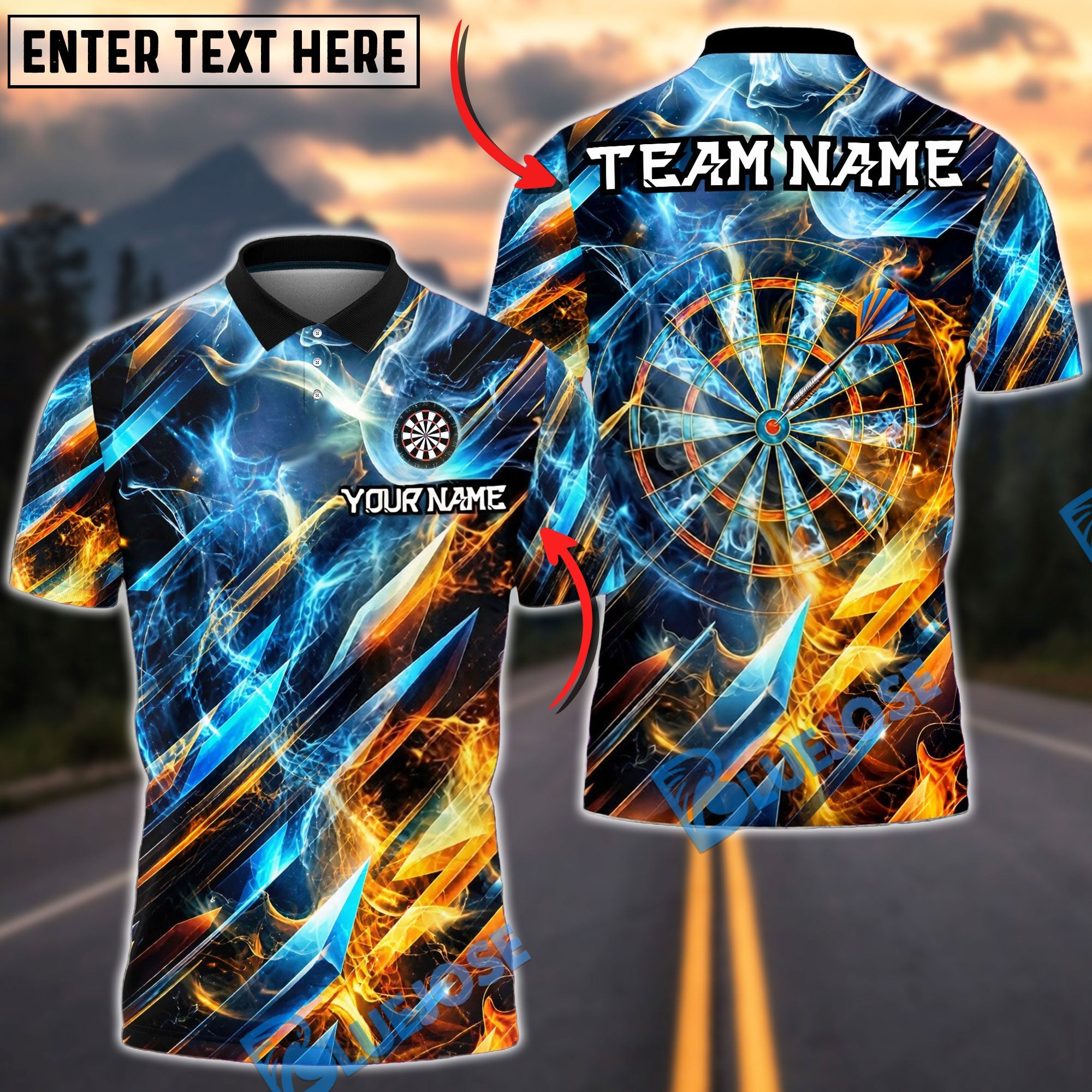 BlueJose Darts Fire Ice Abstract Energy Dartboard Personalized Name, Team Name Unisex Shirt (4 Colors)
