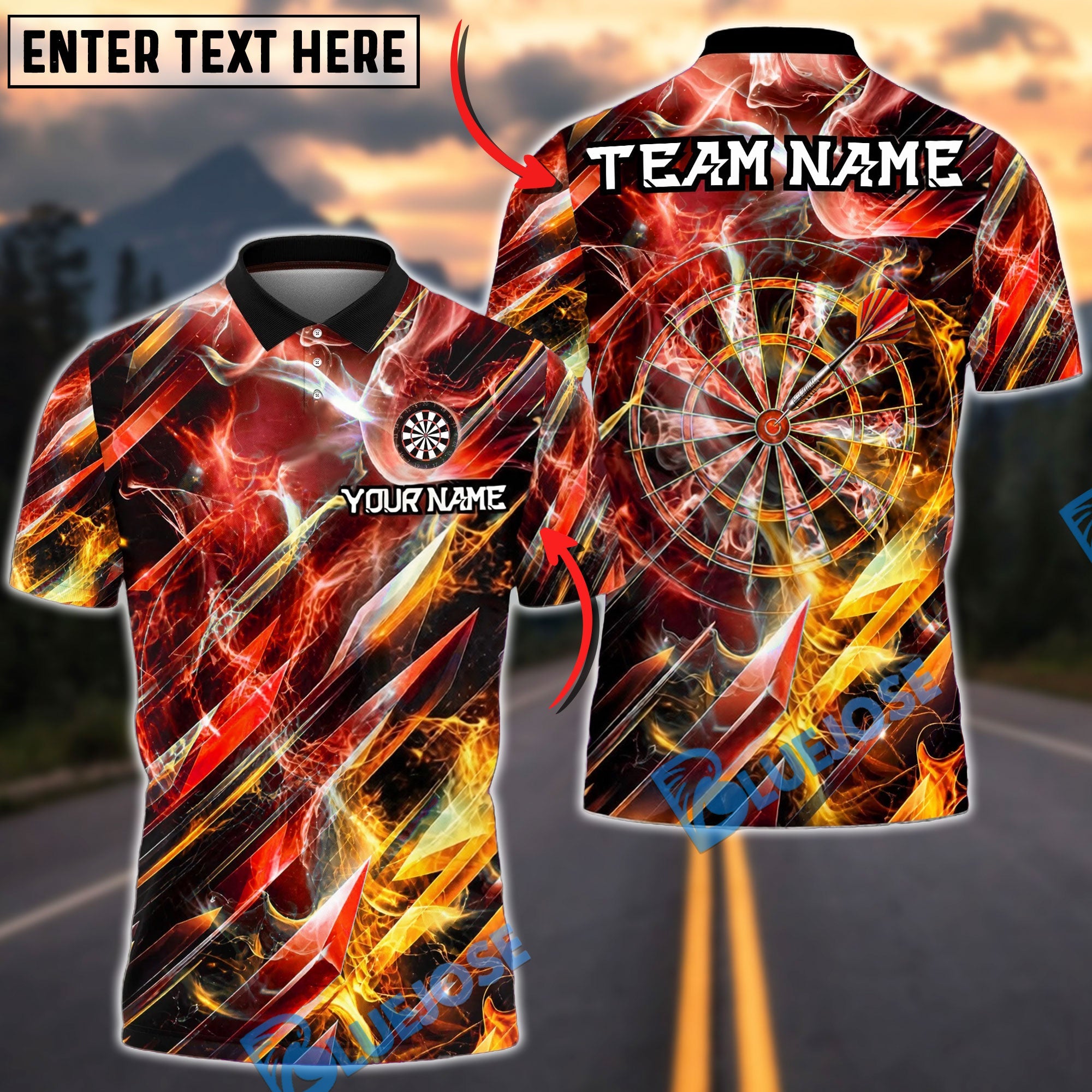 BlueJose Darts Fire Ice Abstract Energy Dartboard Personalized Name, Team Name Unisex Shirt (4 Colors)