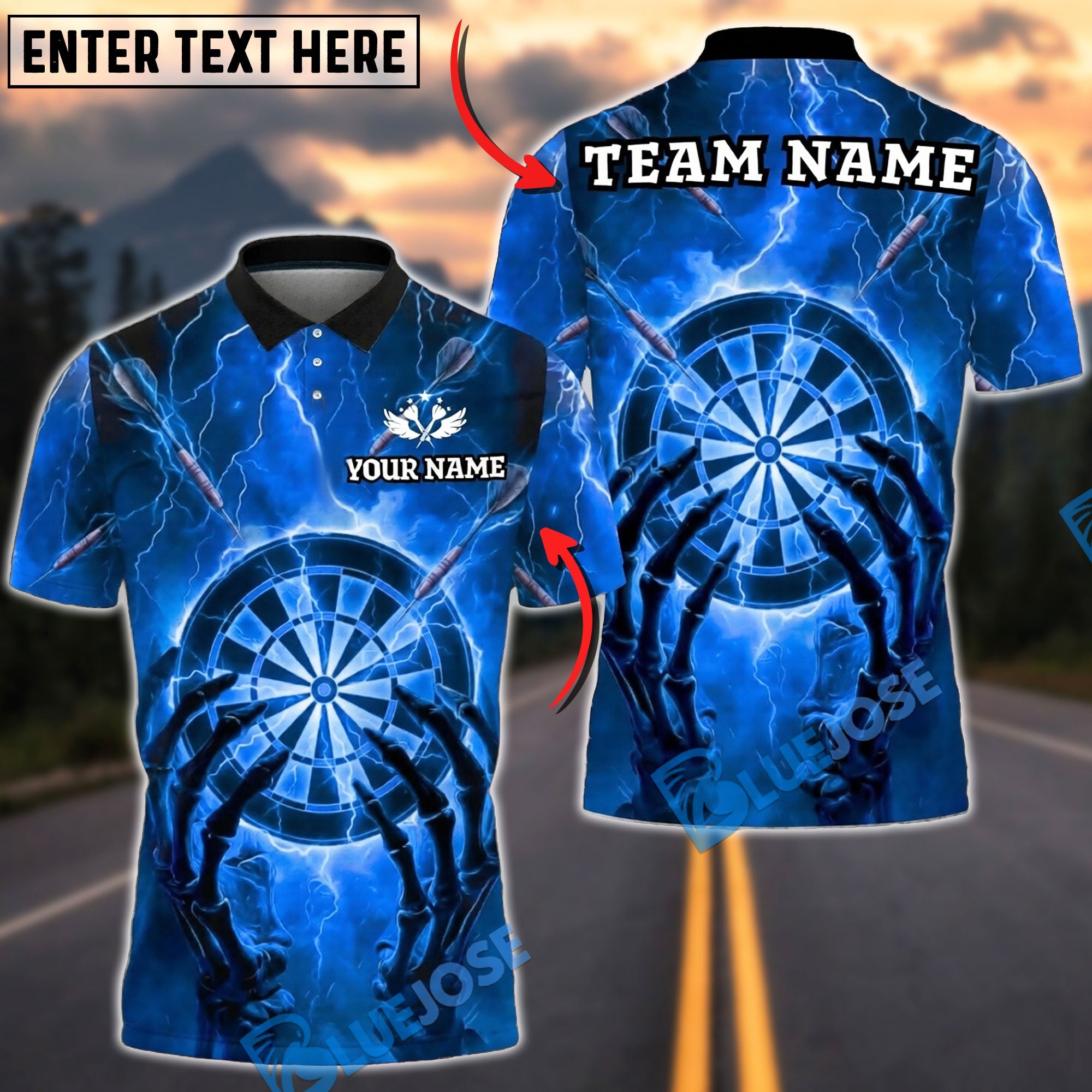 BlueJose Darts Thunder Skeleton Hand Dartboard Personalized Name, Team Name Unisex Shirt (4 Colors)