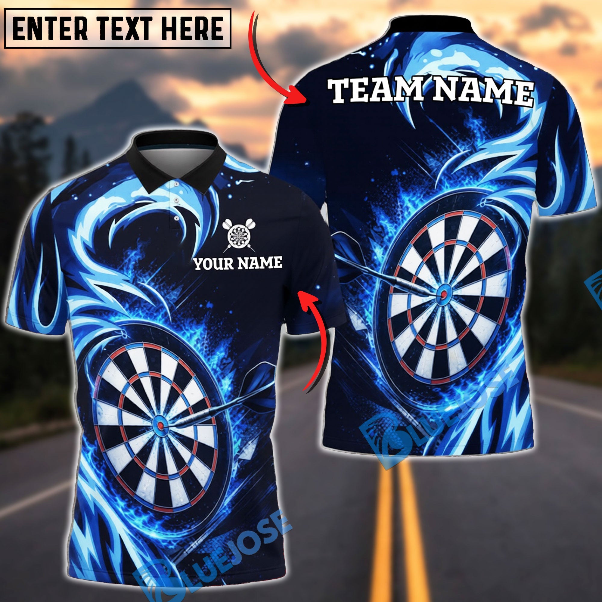BlueJose Darts Flame Wave Dartboard Personalized Name, Team Name Unisex Shirt (4 Colors)