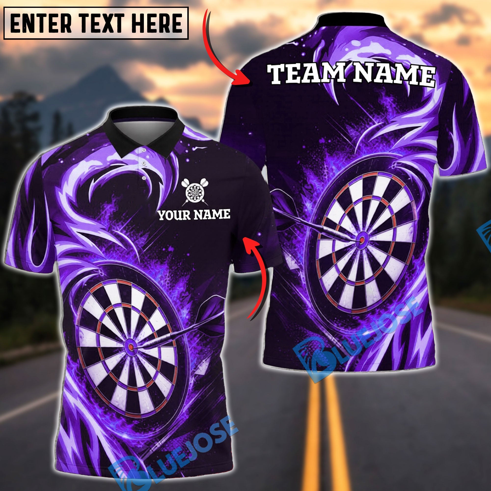 BlueJose Darts Flame Wave Dartboard Personalized Name, Team Name Unisex Shirt (4 Colors)