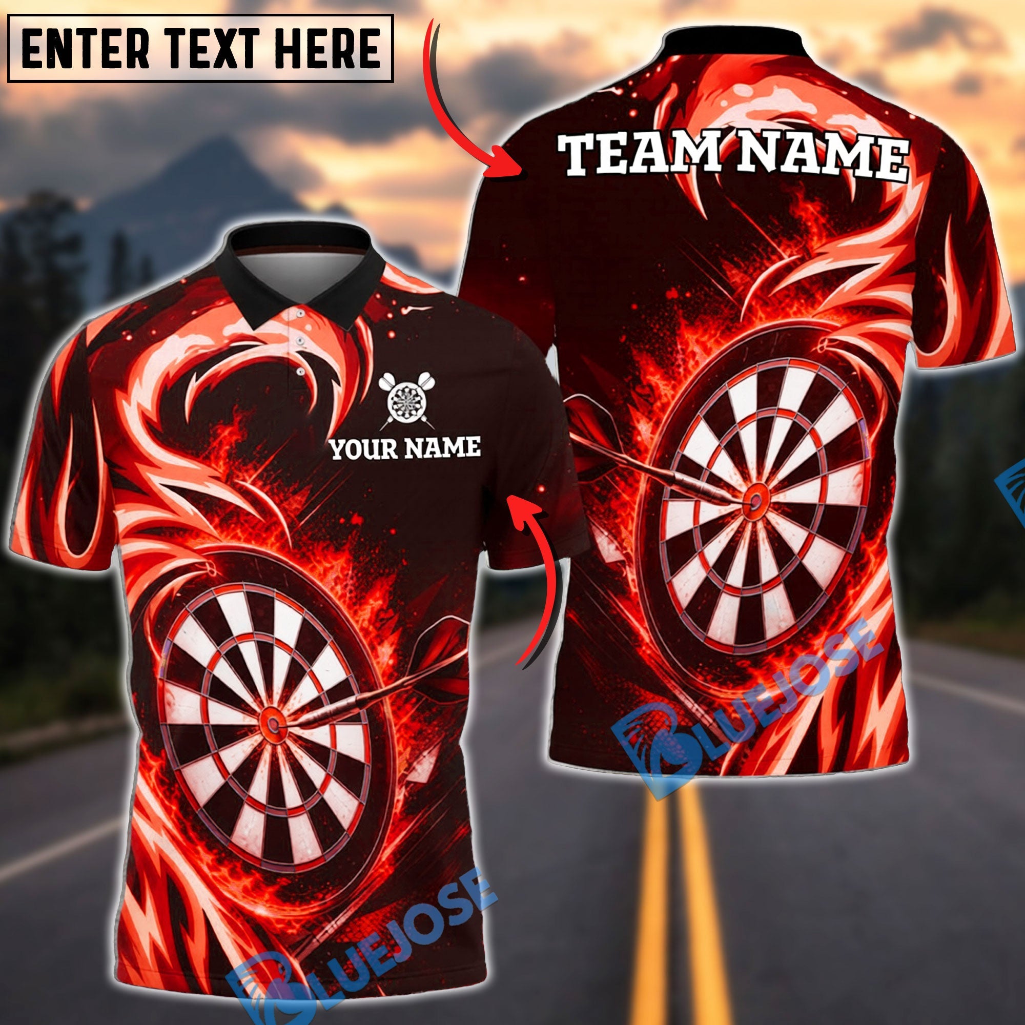 BlueJose Darts Flame Wave Dartboard Personalized Name, Team Name Unisex Shirt (4 Colors)