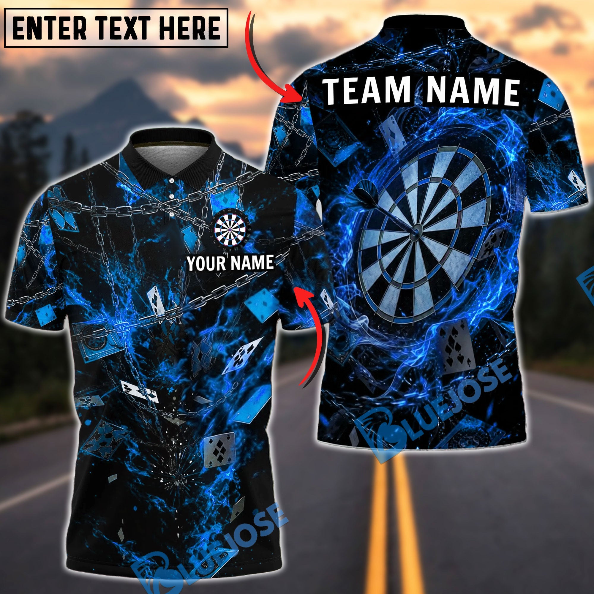 BlueJose Darts Flame Chain Poker Card Dartboard Personalized Name, Team Name Unisex Shirt (4 Colors)
