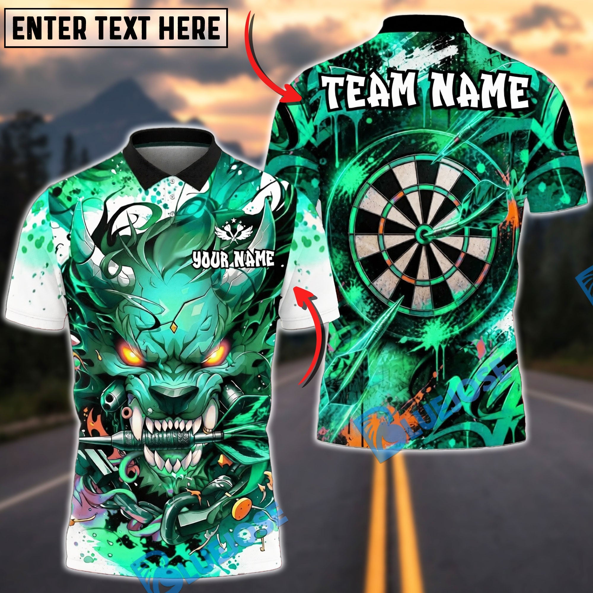 BlueJose Darts Wolf Demon Beast Graffiti Dartboard Personalized Name, Team Name Unisex Shirt (4 Colors)