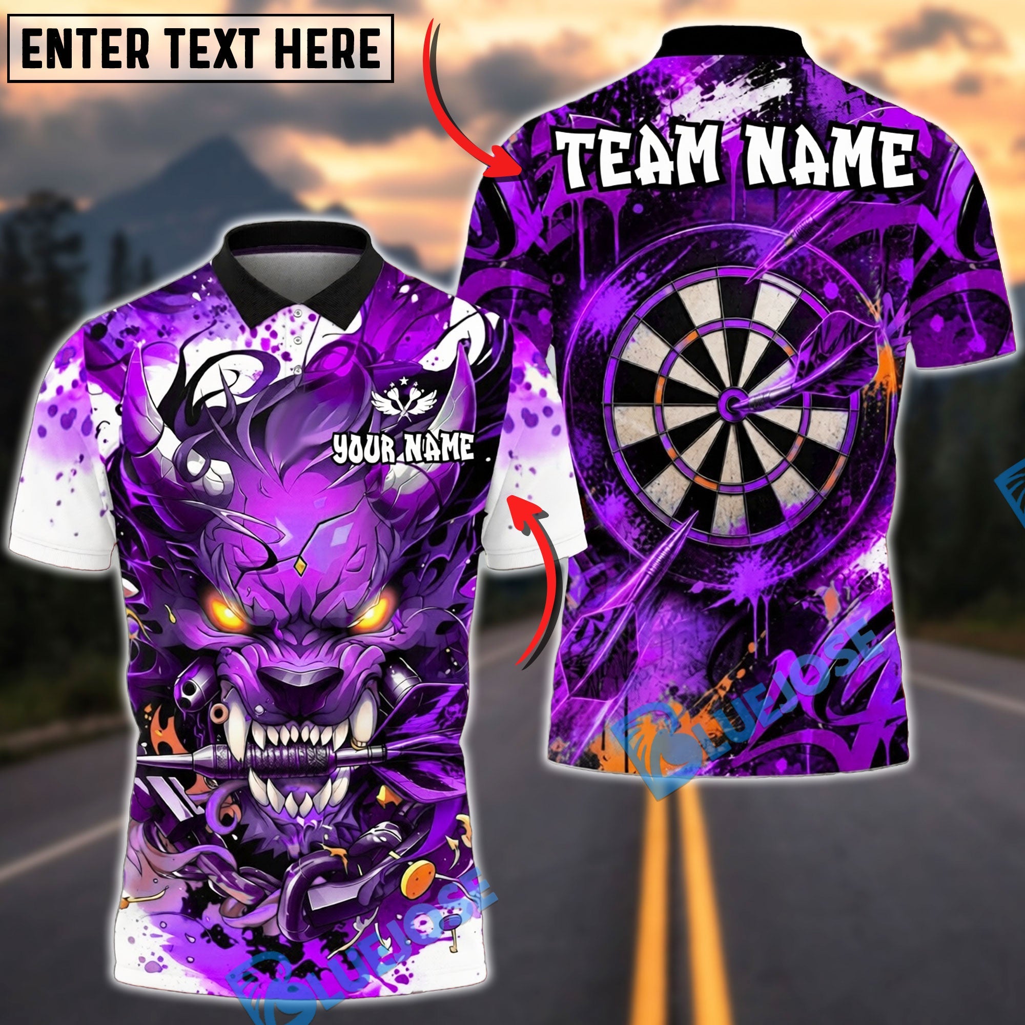 BlueJose Darts Wolf Demon Beast Graffiti Dartboard Personalized Name, Team Name Unisex Shirt (4 Colors)