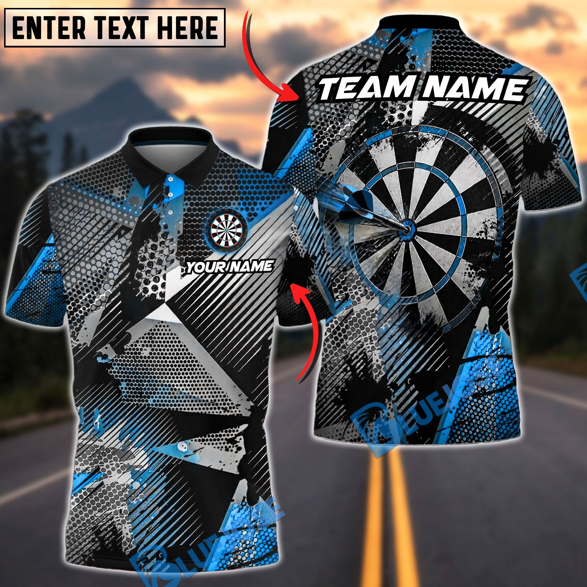 BlueJose Darts Honeycomb Geometric Grunge Dartboard Personalized Name, Team Name Unisex Shirt (4 Colors)