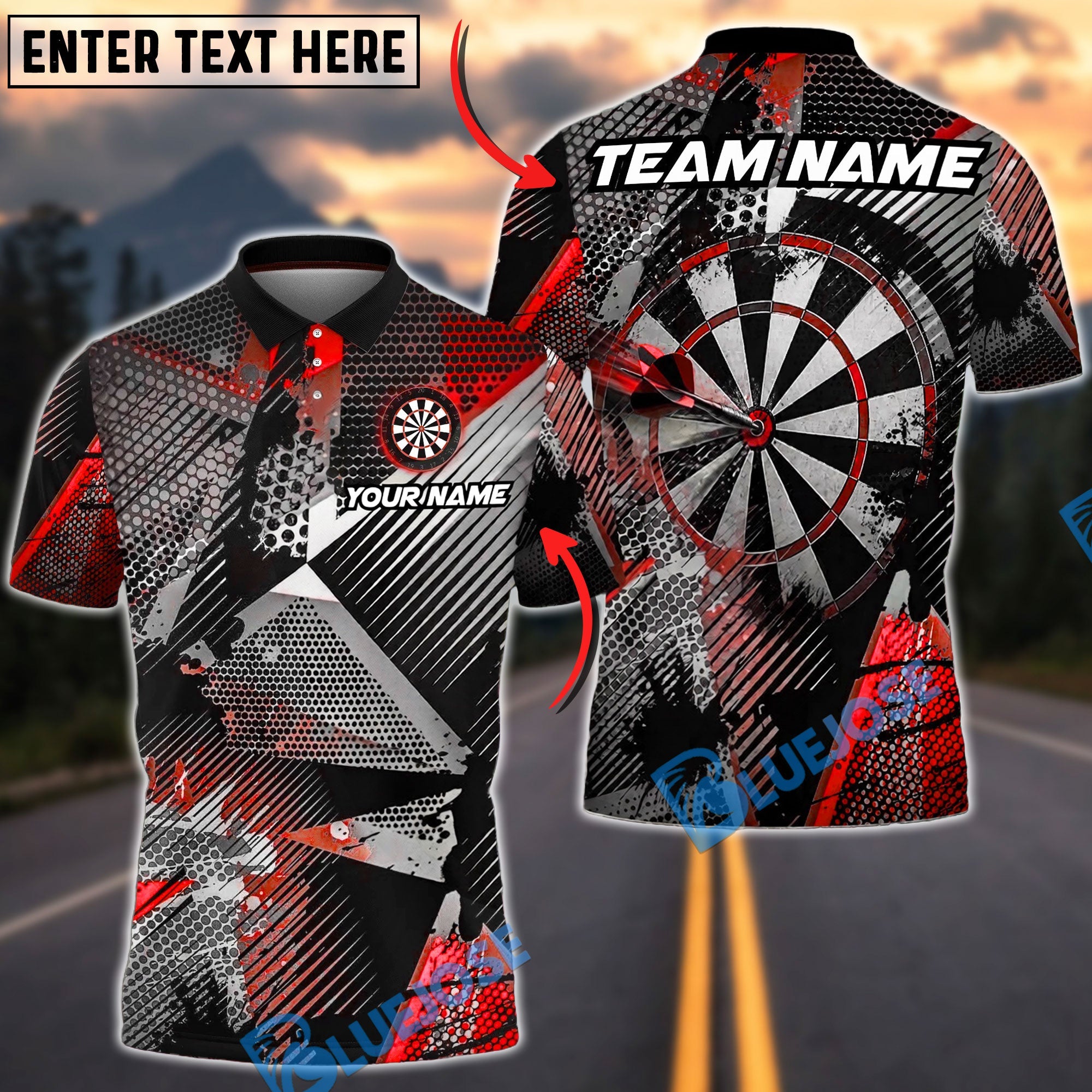 BlueJose Darts Honeycomb Geometric Grunge Dartboard Personalized Name, Team Name Unisex Shirt (4 Colors)