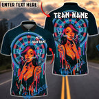 BlueJose Darts Neon Graffiti Girl Retro Vaporwave Personalized Name, Team Name Unisex Shirt (4 Colors)