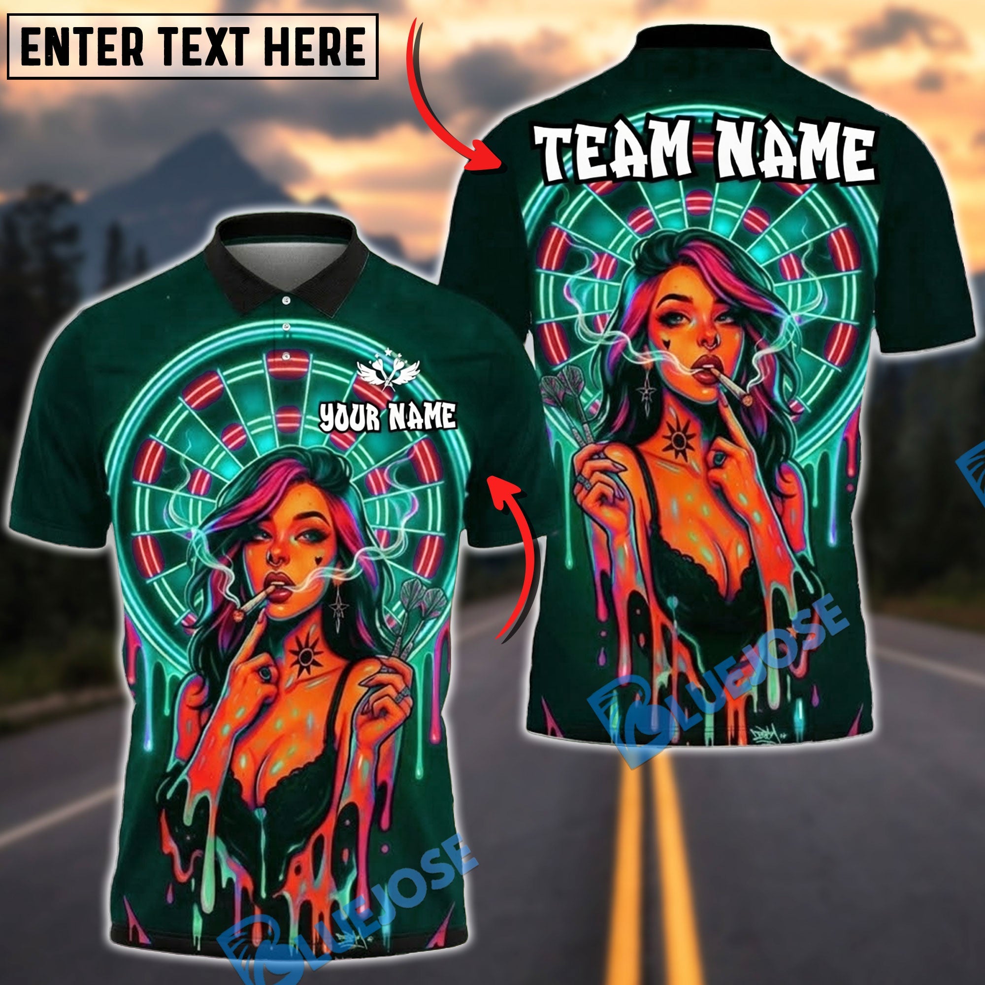 BlueJose Darts Neon Graffiti Girl Retro Vaporwave Personalized Name, Team Name Unisex Shirt (4 Colors)