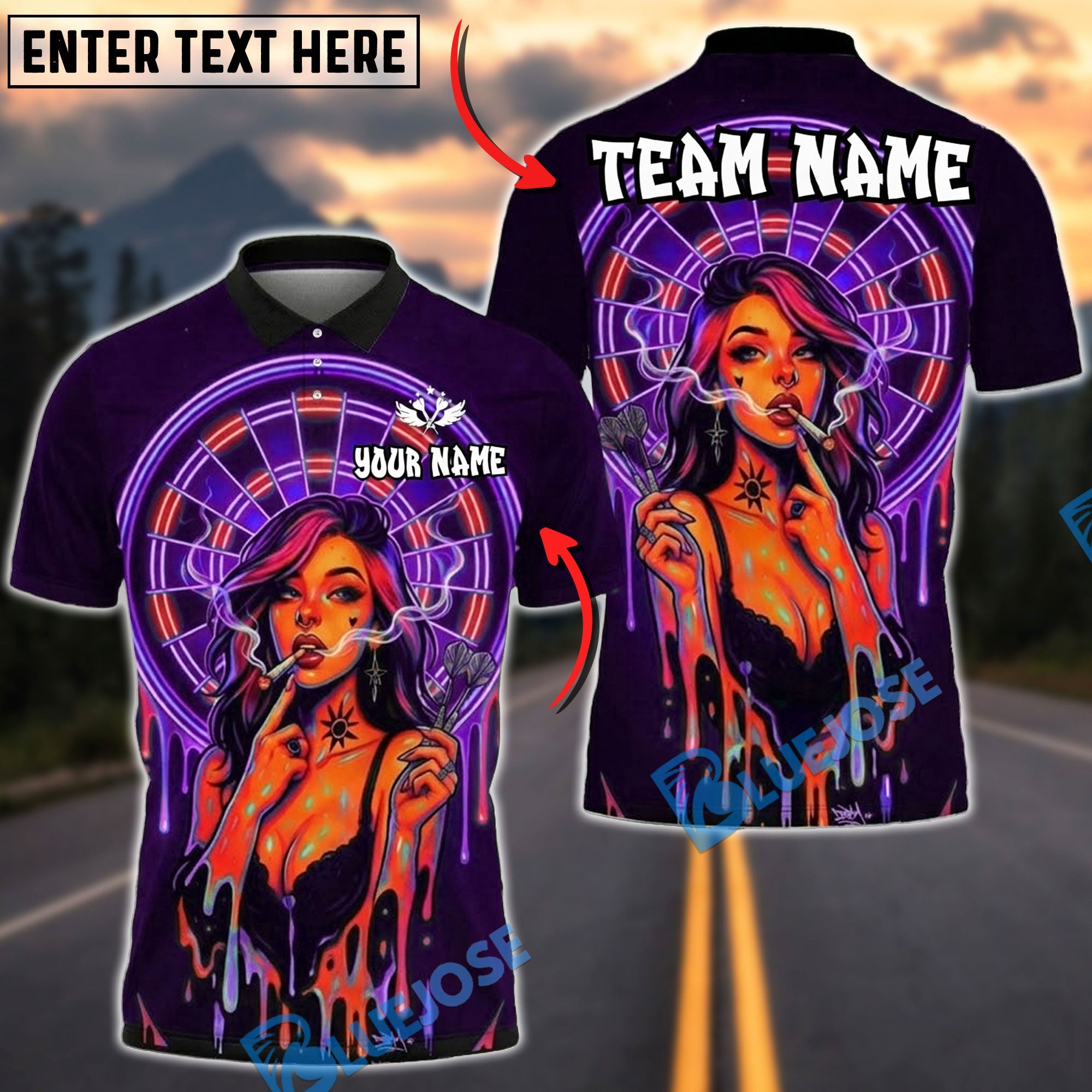 BlueJose Darts Neon Graffiti Girl Retro Vaporwave Personalized Name, Team Name Unisex Shirt (4 Colors)