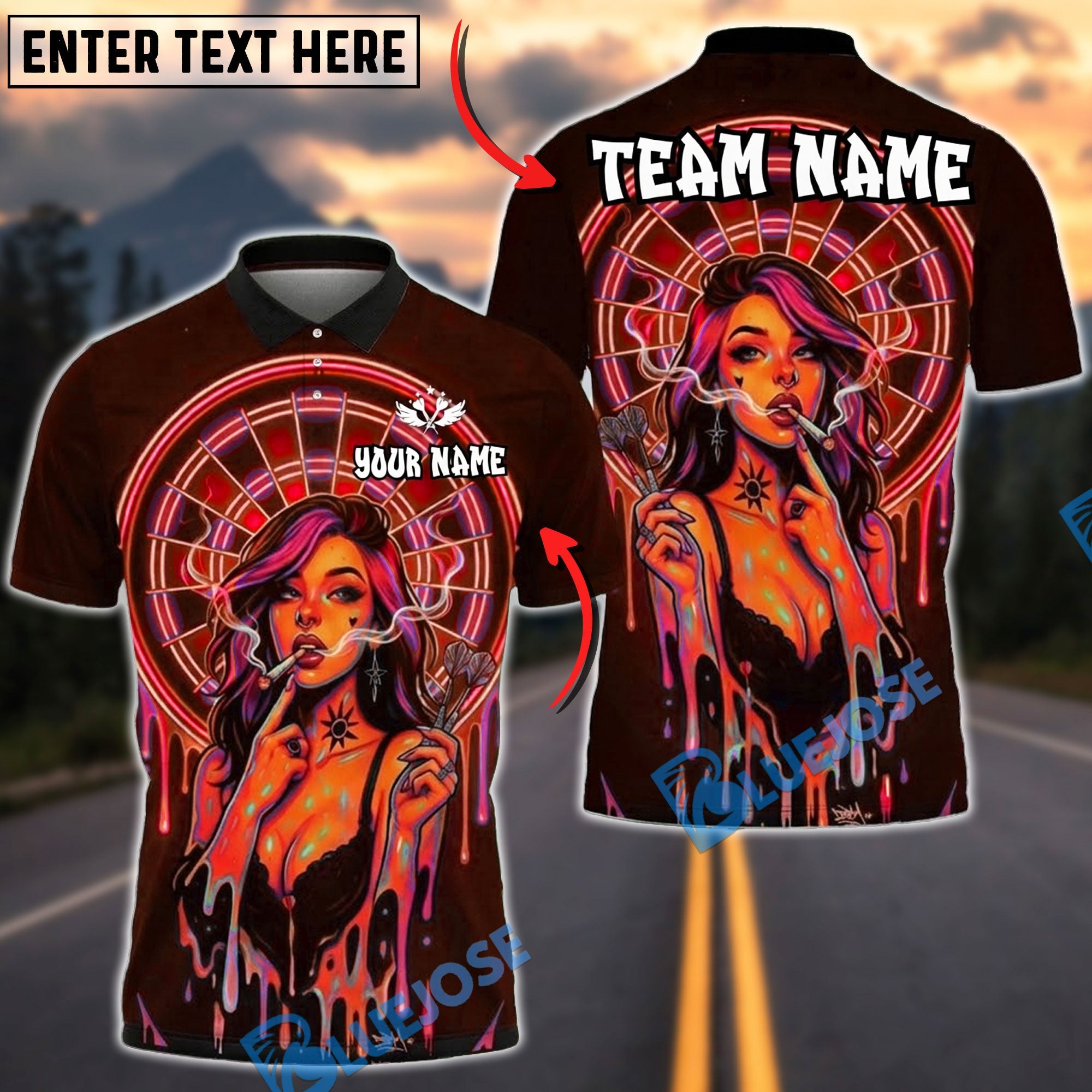 BlueJose Darts Neon Graffiti Girl Retro Vaporwave Personalized Name, Team Name Unisex Shirt (4 Colors)