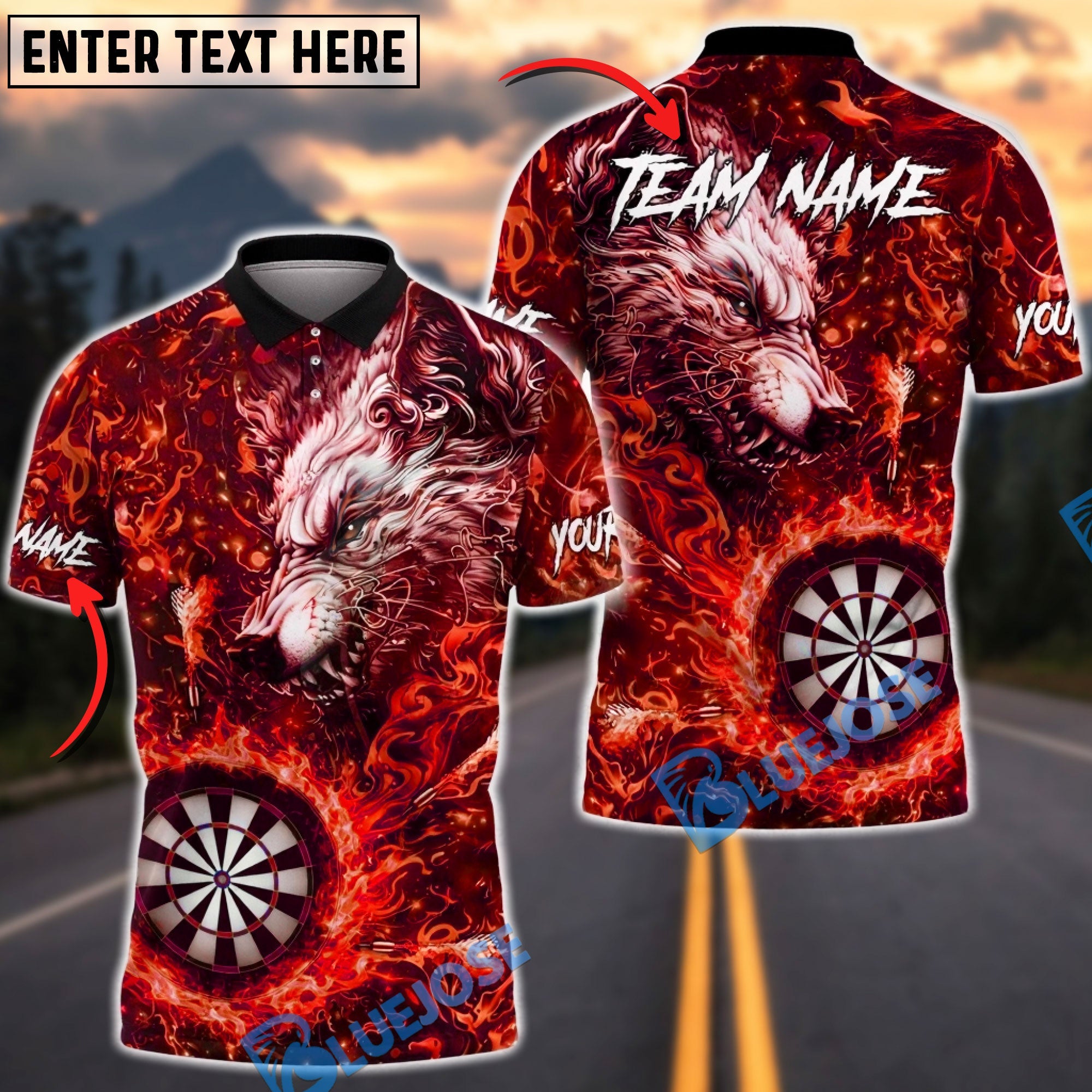BlueJose Darts Wolf Fire Dartboard Fantasy Art Personalized Name, Team Name Unisex Shirt (4 Colors)