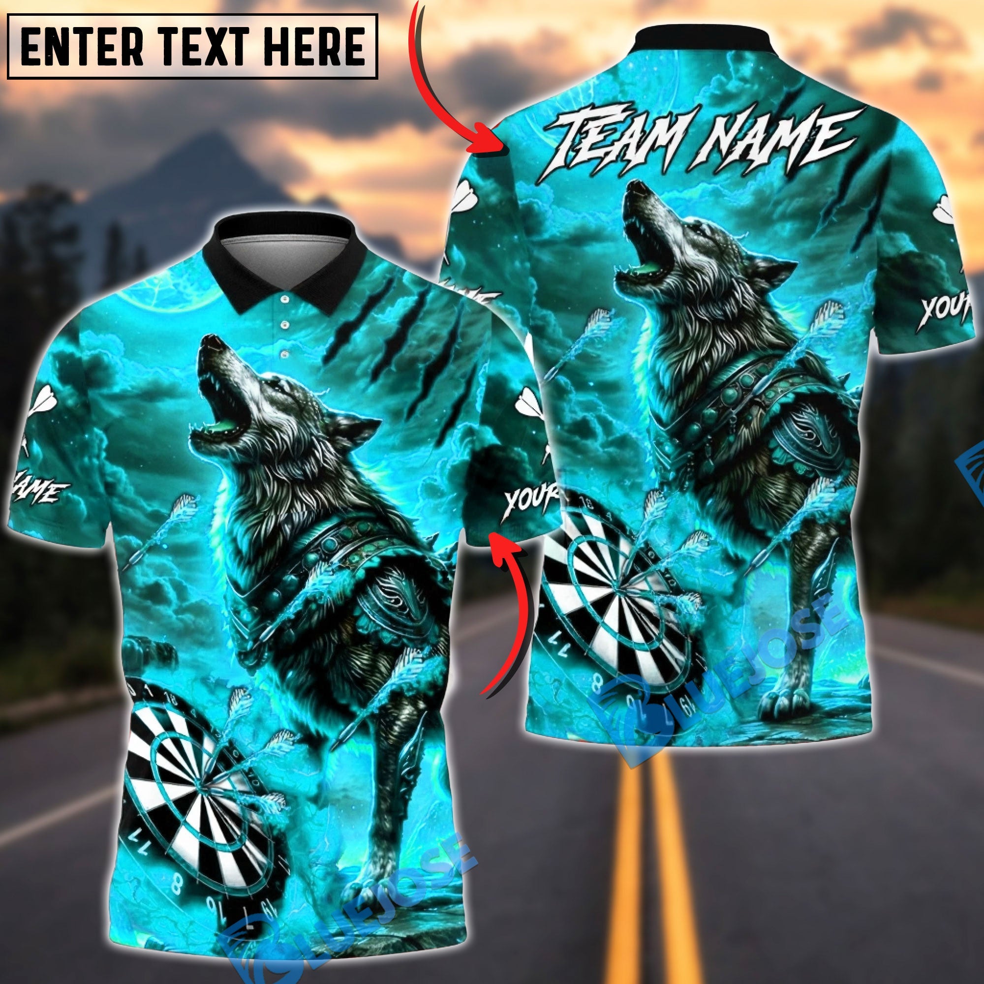 BlueJose Darts Wolf Fire Storm Dark Fantasy Multicolor Options Personalized Name Shirt (4 Colors)