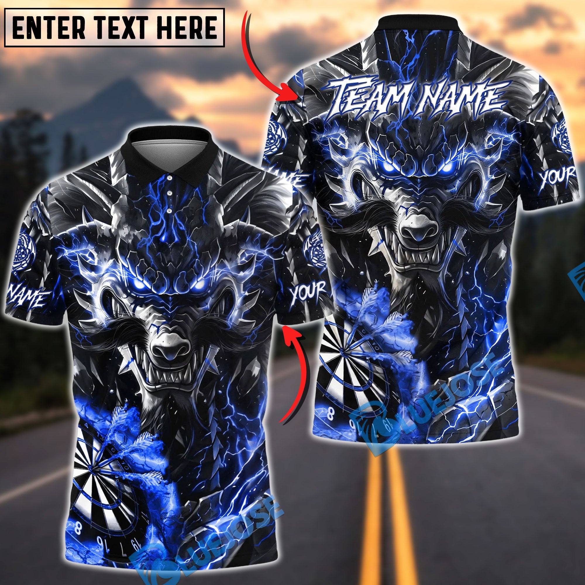 BlueJose Darts Lightning Armored Dragon with Dartboard Personalized Name, Team Name Unisex Shirt (4 Colors)