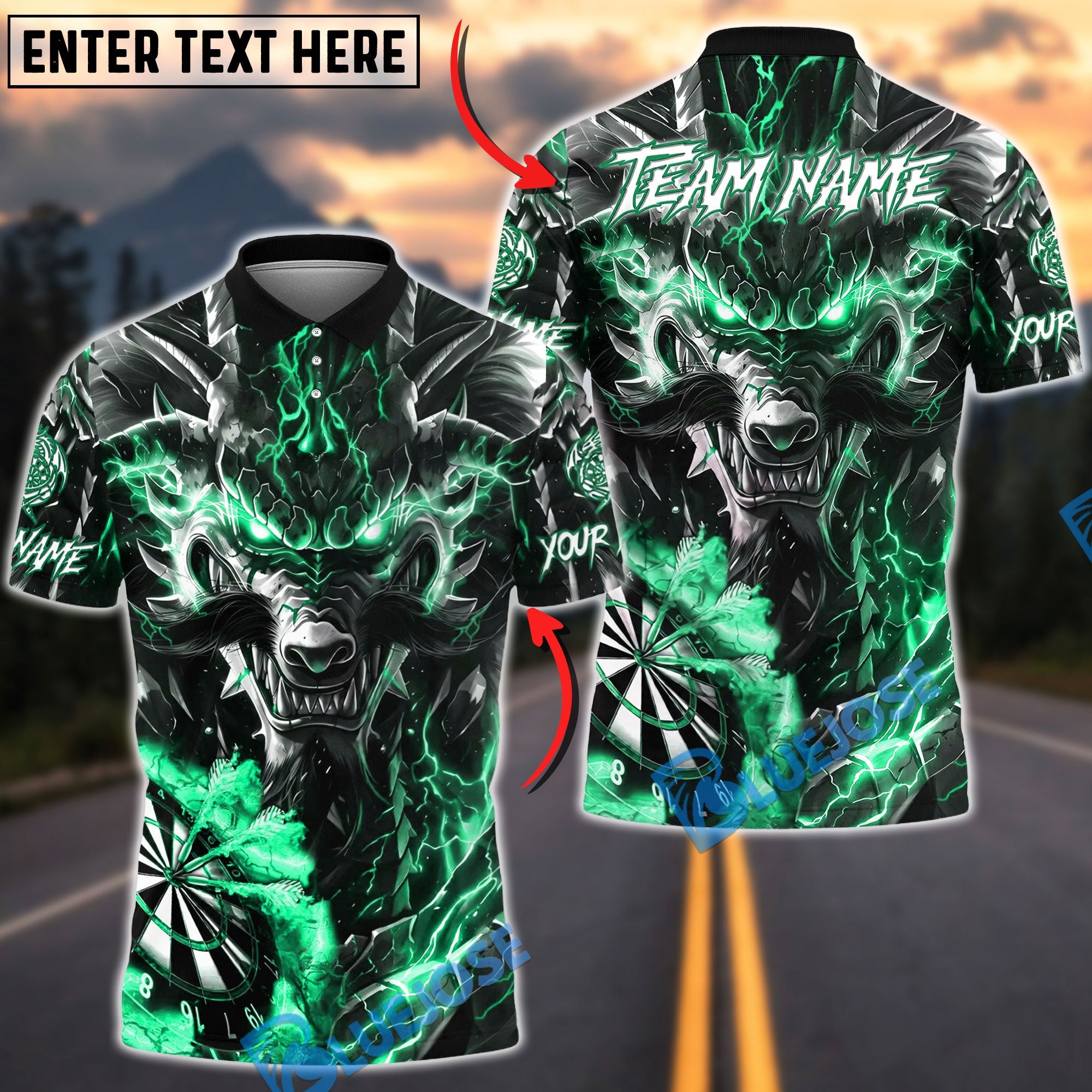 BlueJose Darts Lightning Armored Dragon with Dartboard Personalized Name, Team Name Unisex Shirt (4 Colors)