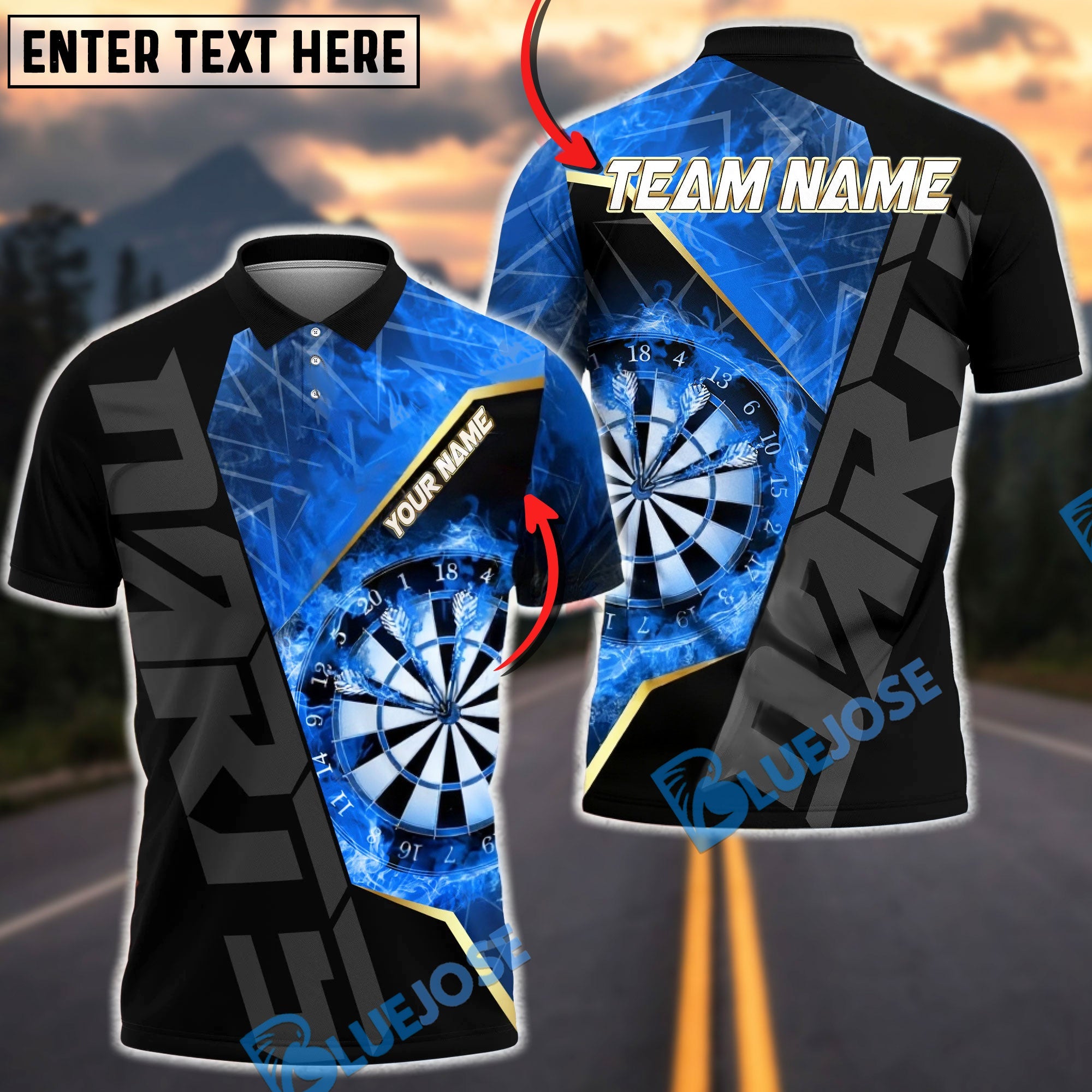 BlueJose Darts Fire Target Flaming Dartboard Precision Design Personalized Name, Team Name Unisex Shirt (4 Colors)