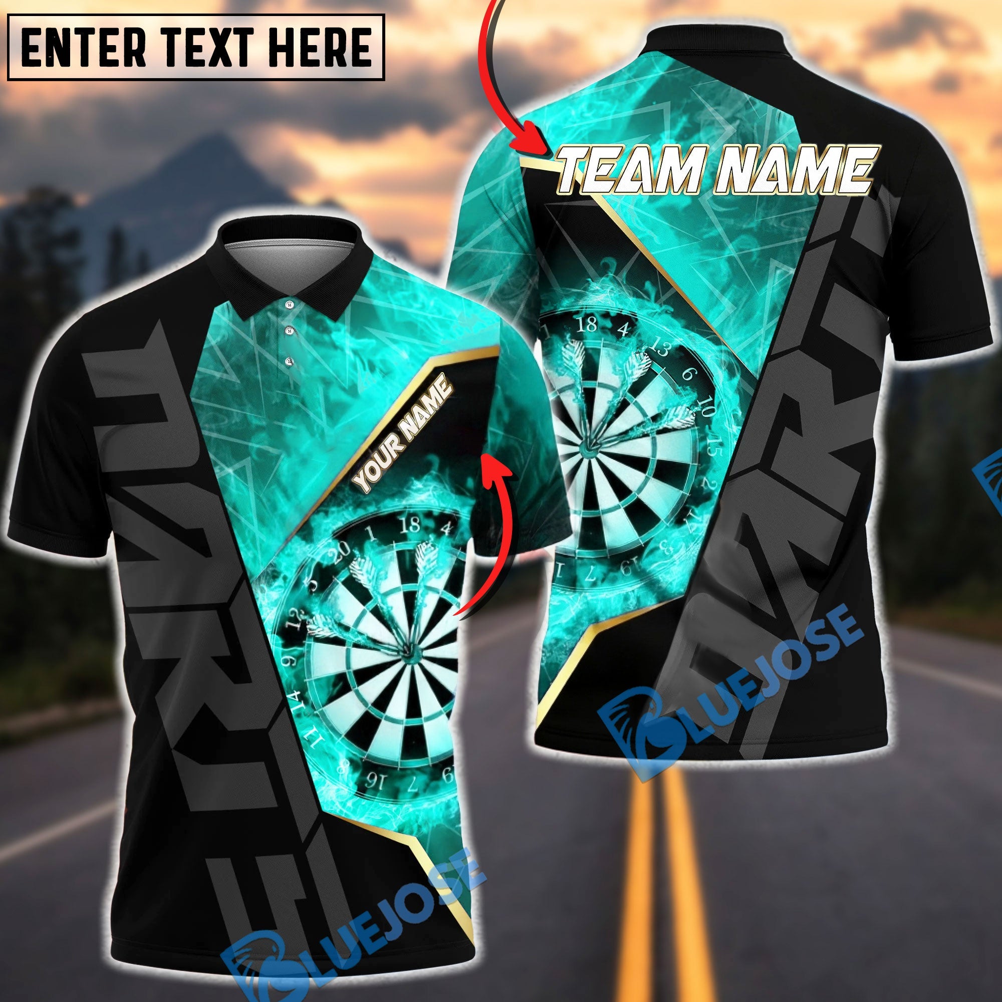BlueJose Darts Fire Target Flaming Dartboard Precision Design Personalized Name, Team Name Unisex Shirt (4 Colors)