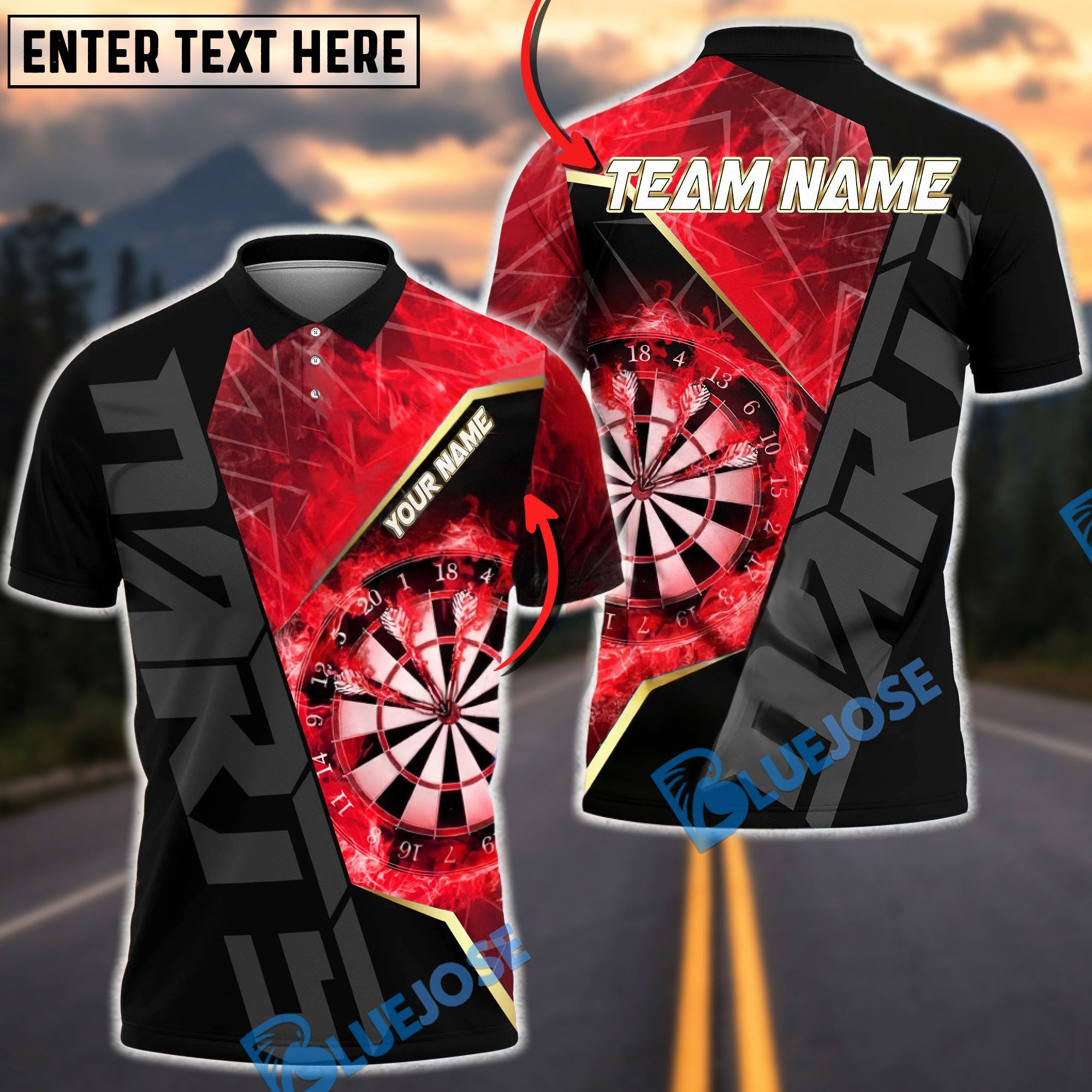 BlueJose Darts Fire Target Flaming Dartboard Precision Design Personalized Name, Team Name Unisex Shirt (4 Colors)