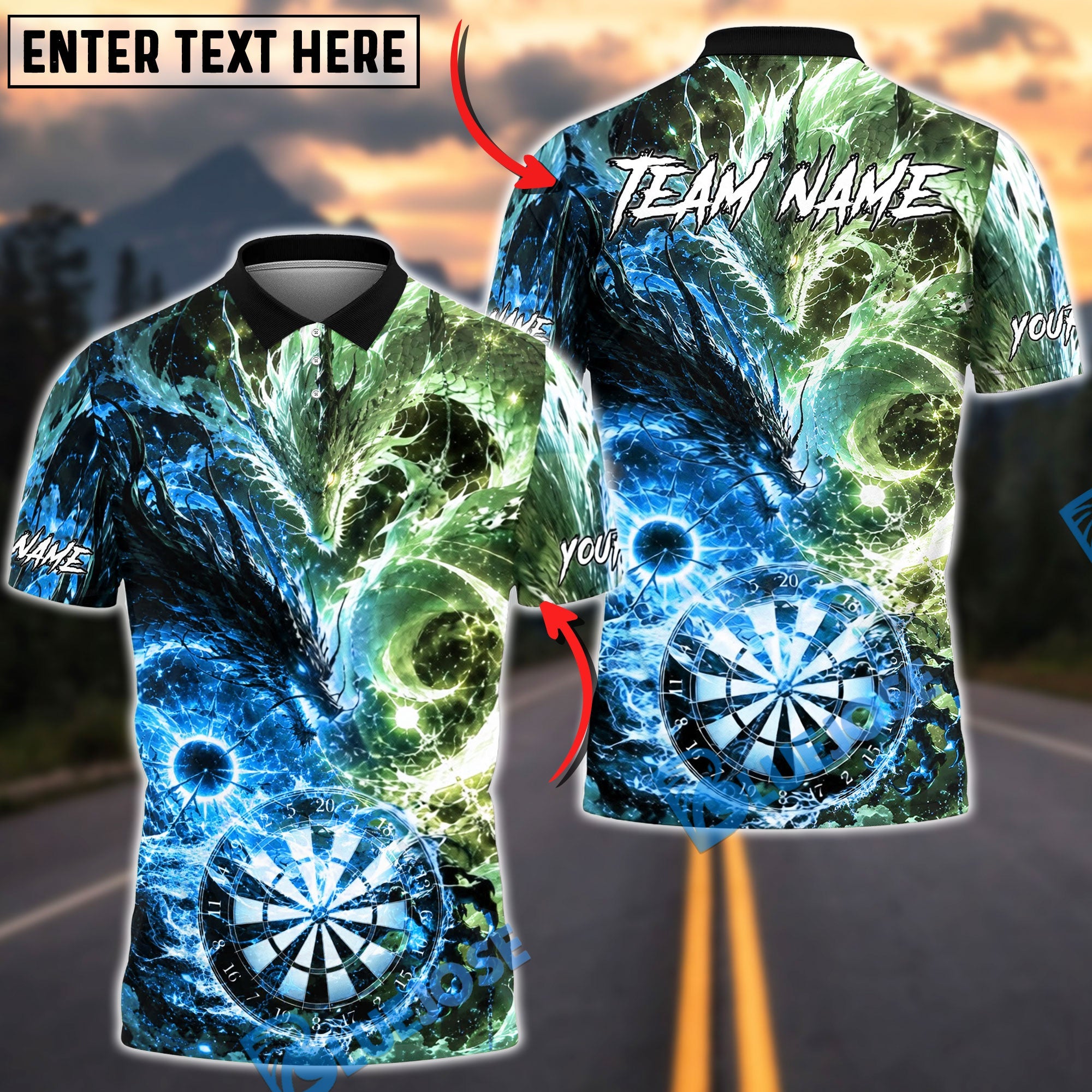 BlueJose Darts Fire Ice Dragon Dartboard Fantasy Personalized Name, Team Name Unisex Shirt (4 Colors)