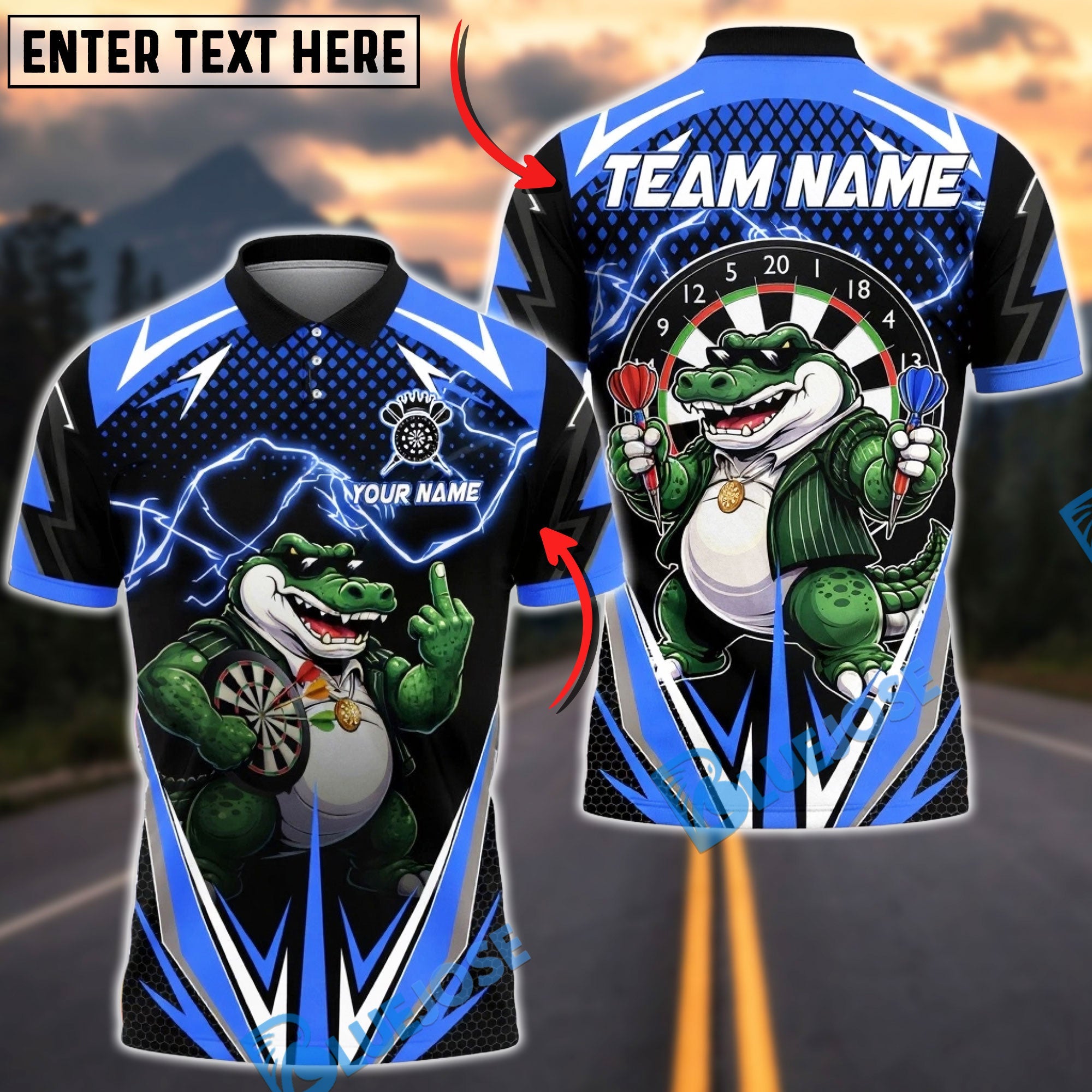BlueJose Darts Crocodile Team Lightning Personalized Name, Team Name Unisex Shirt (4 Colors)