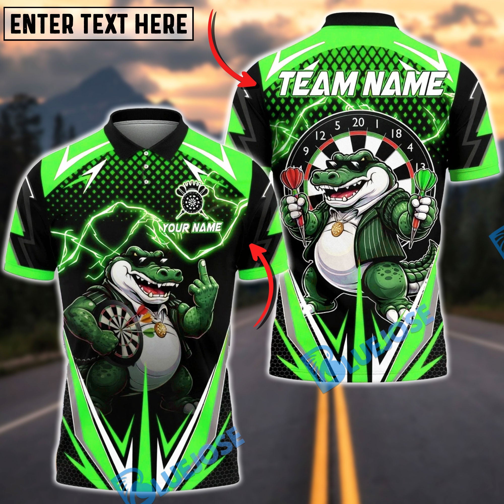BlueJose Darts Crocodile Team Lightning Personalized Name, Team Name Unisex Shirt (4 Colors)