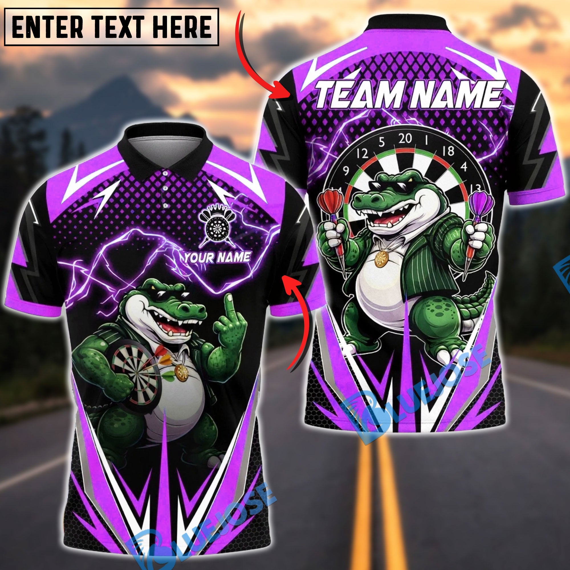 BlueJose Darts Crocodile Team Lightning Personalized Name, Team Name Unisex Shirt (4 Colors)