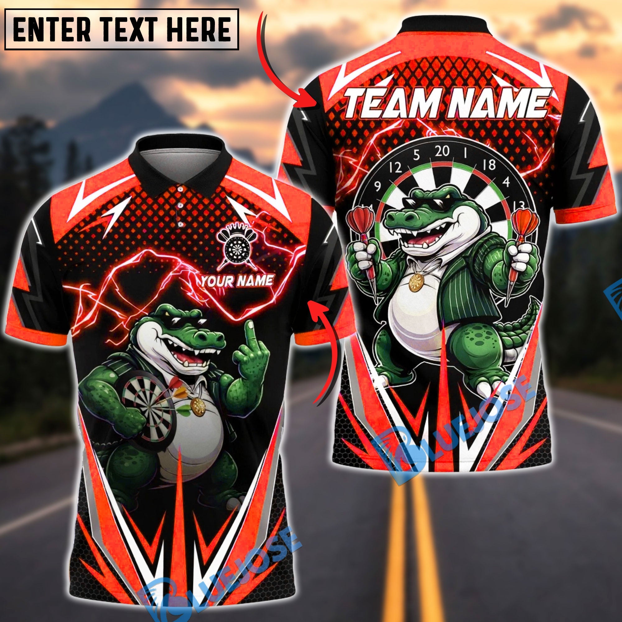 BlueJose Darts Crocodile Team Lightning Personalized Name, Team Name Unisex Shirt (4 Colors)